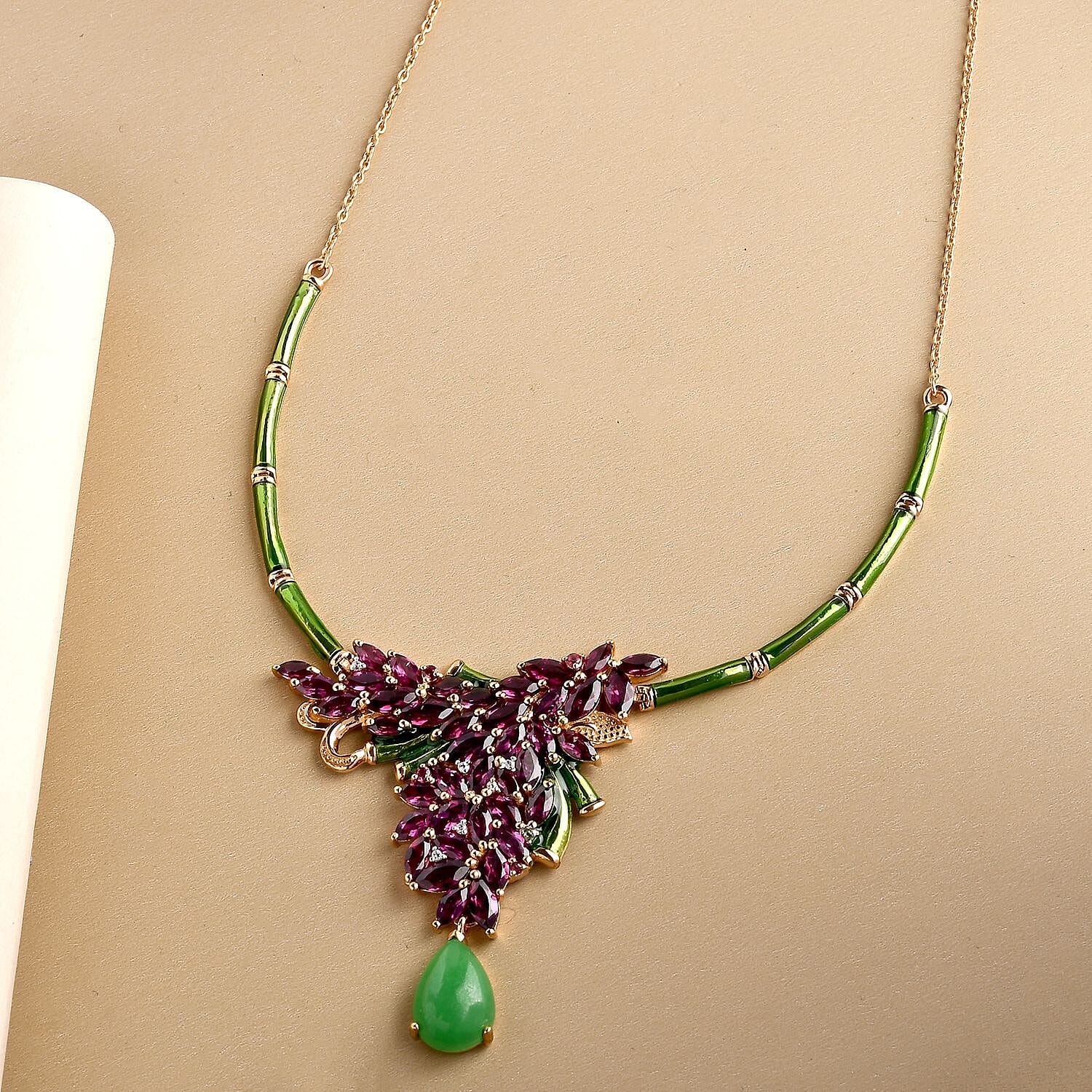 GP Italian Garden Collection - Rhodolite Garnet and Multi Gemstone With Enamelled Necklace (Size - 18 With 2 Inch Extender ) in 18K Vermeil YG Overlay Sterling Silver 18.72 Ct, Silver Wt. 18.70 Gms