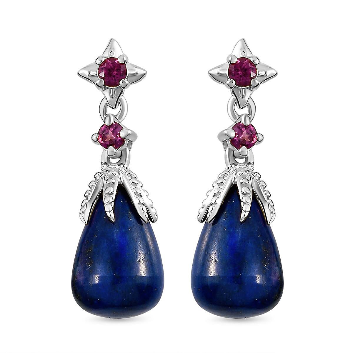 GP - Lapis Lazuli, Rhodolite Garnet and Kanchanaburi Blue Sapphire Dangling Earrings (With Push Back) in Platinum Overlay Sterling Silver 10.94 Ct.