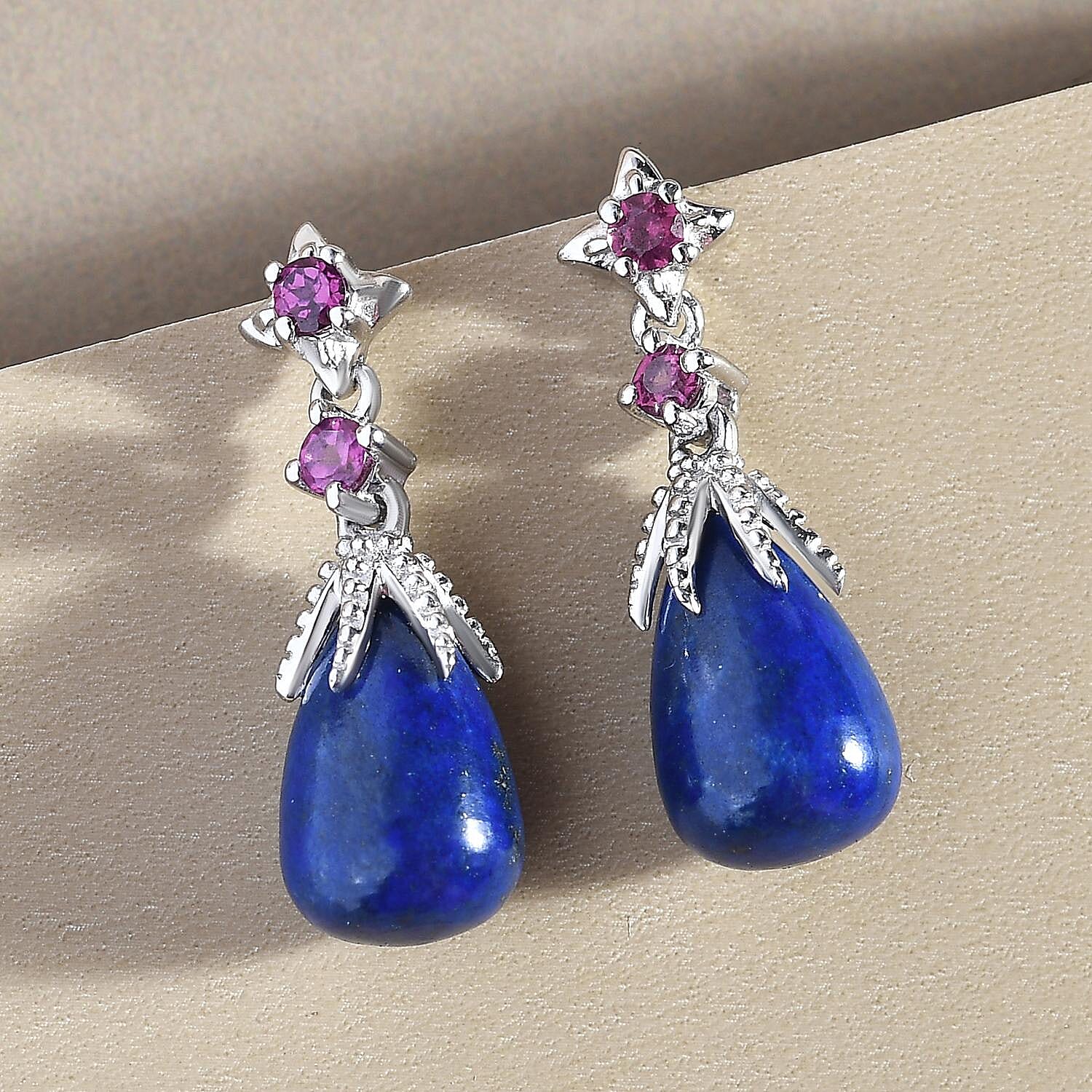 GP - Lapis Lazuli, Rhodolite Garnet and Kanchanaburi Blue Sapphire Dangling Earrings (With Push Back) in Platinum Overlay Sterling Silver 10.94 Ct.