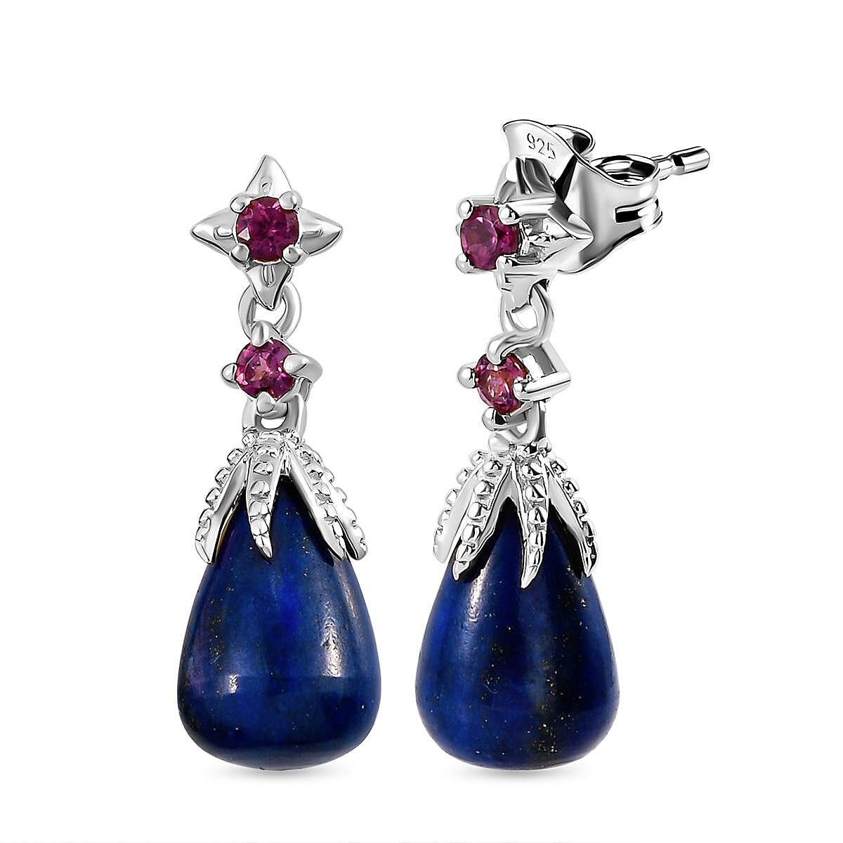 GP - Lapis Lazuli, Rhodolite Garnet and Kanchanaburi Blue Sapphire Dangling Earrings (With Push Back) in Platinum Overlay Sterling Silver 10.94 Ct.