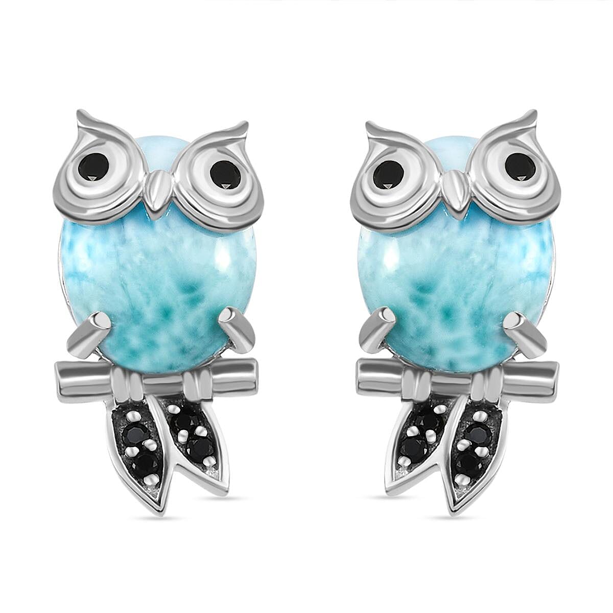GP - Larimar, Black Spinel Owl Stud Earrings (With Push Back) in Platinum Overlay Sterling Silver 8.37 Ct.