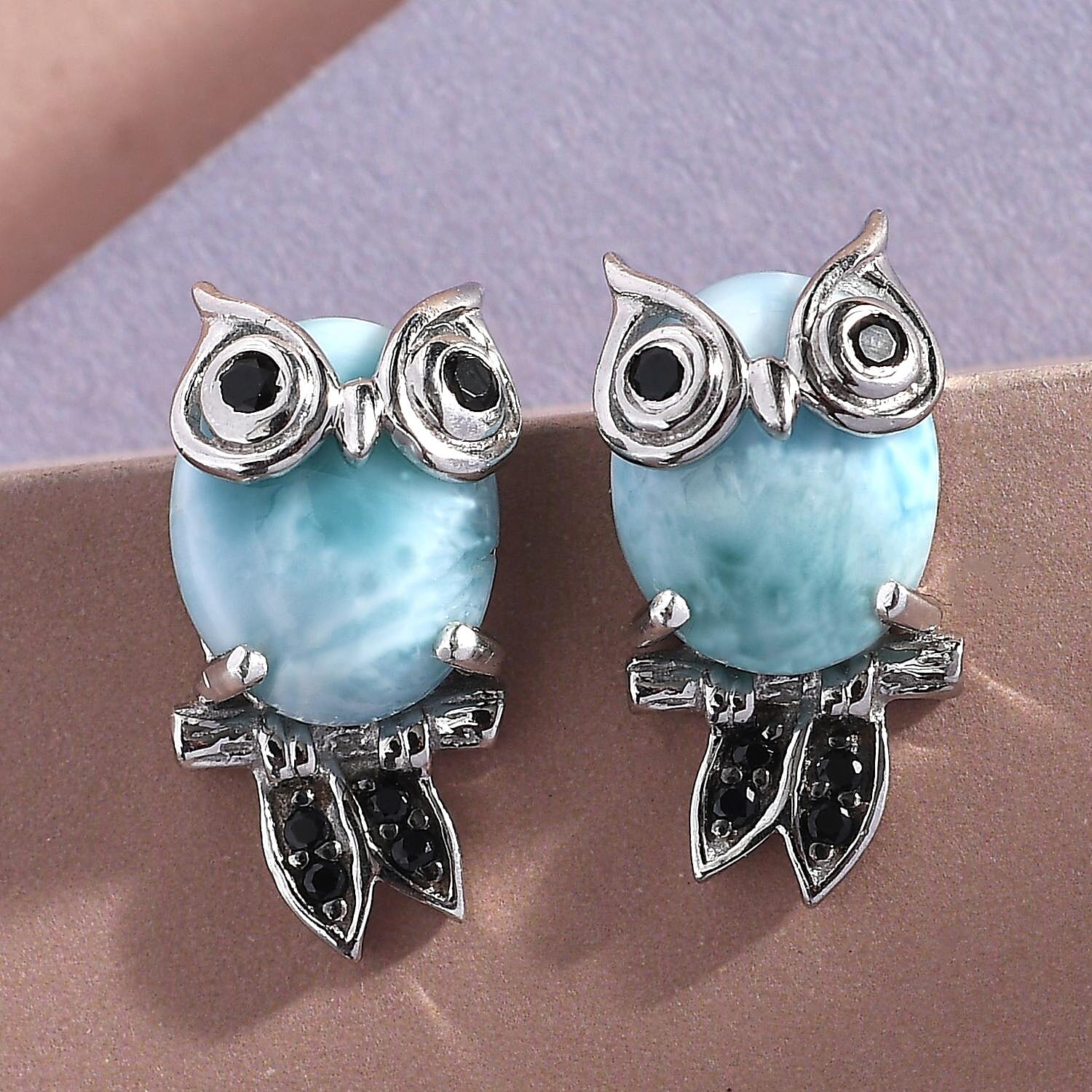 GP - Larimar, Black Spinel Owl Stud Earrings (With Push Back) in Platinum Overlay Sterling Silver 8.37 Ct.