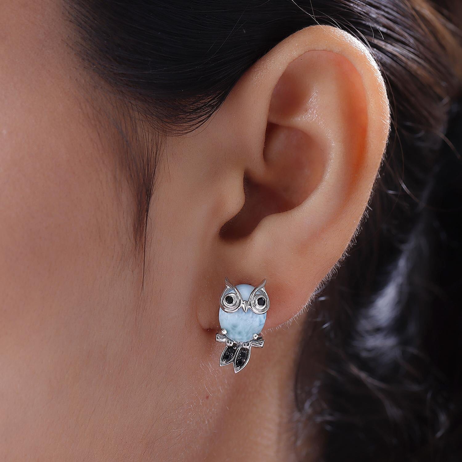 GP - Larimar, Black Spinel Owl Stud Earrings (With Push Back) in Platinum Overlay Sterling Silver 8.37 Ct.