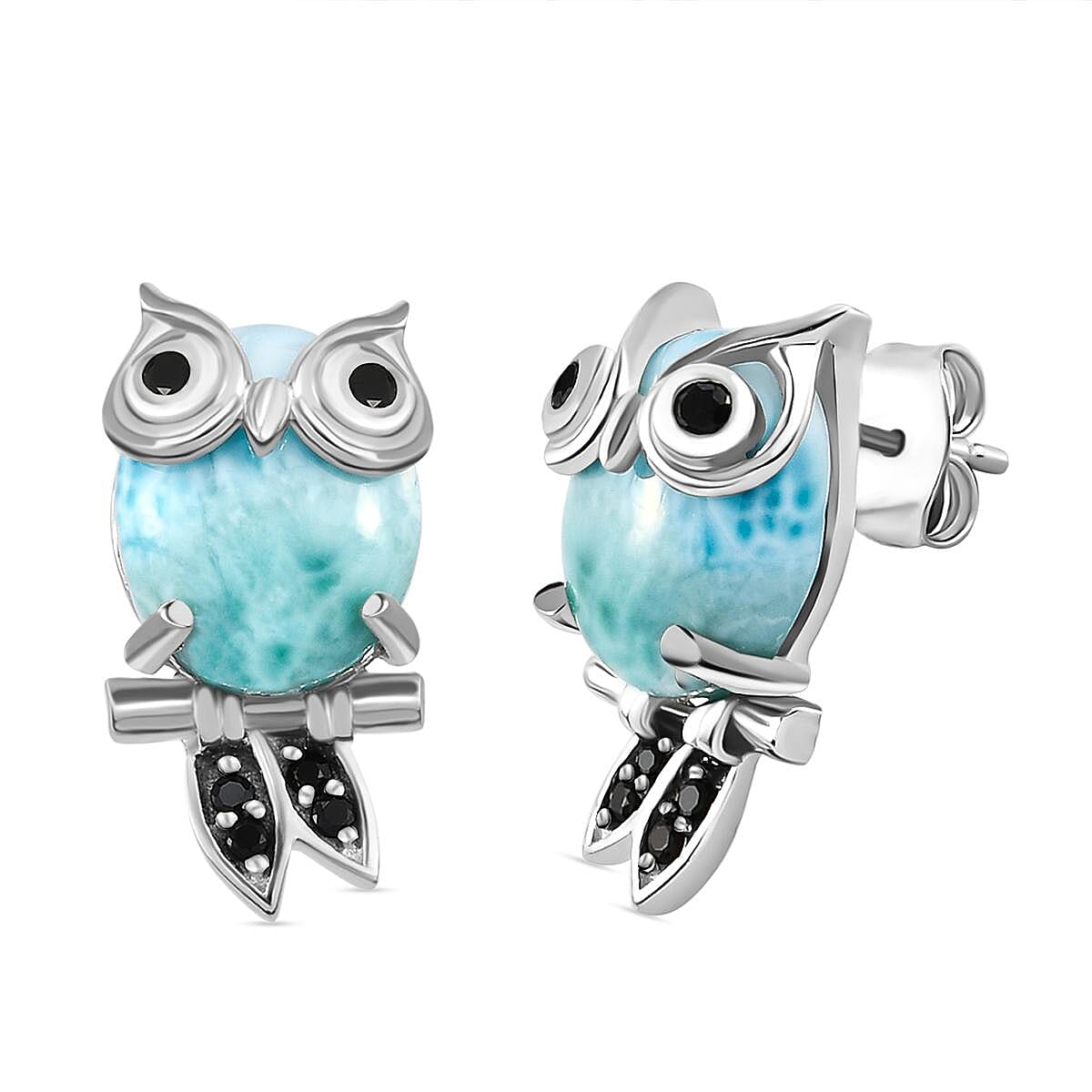 GP - Larimar, Black Spinel Owl Stud Earrings (With Push Back) in Platinum Overlay Sterling Silver 8.37 Ct.