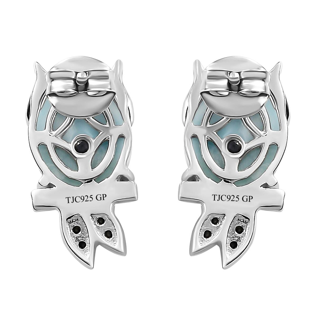 GP - Larimar, Black Spinel Owl Stud Earrings (With Push Back) in Platinum Overlay Sterling Silver 8.37 Ct.