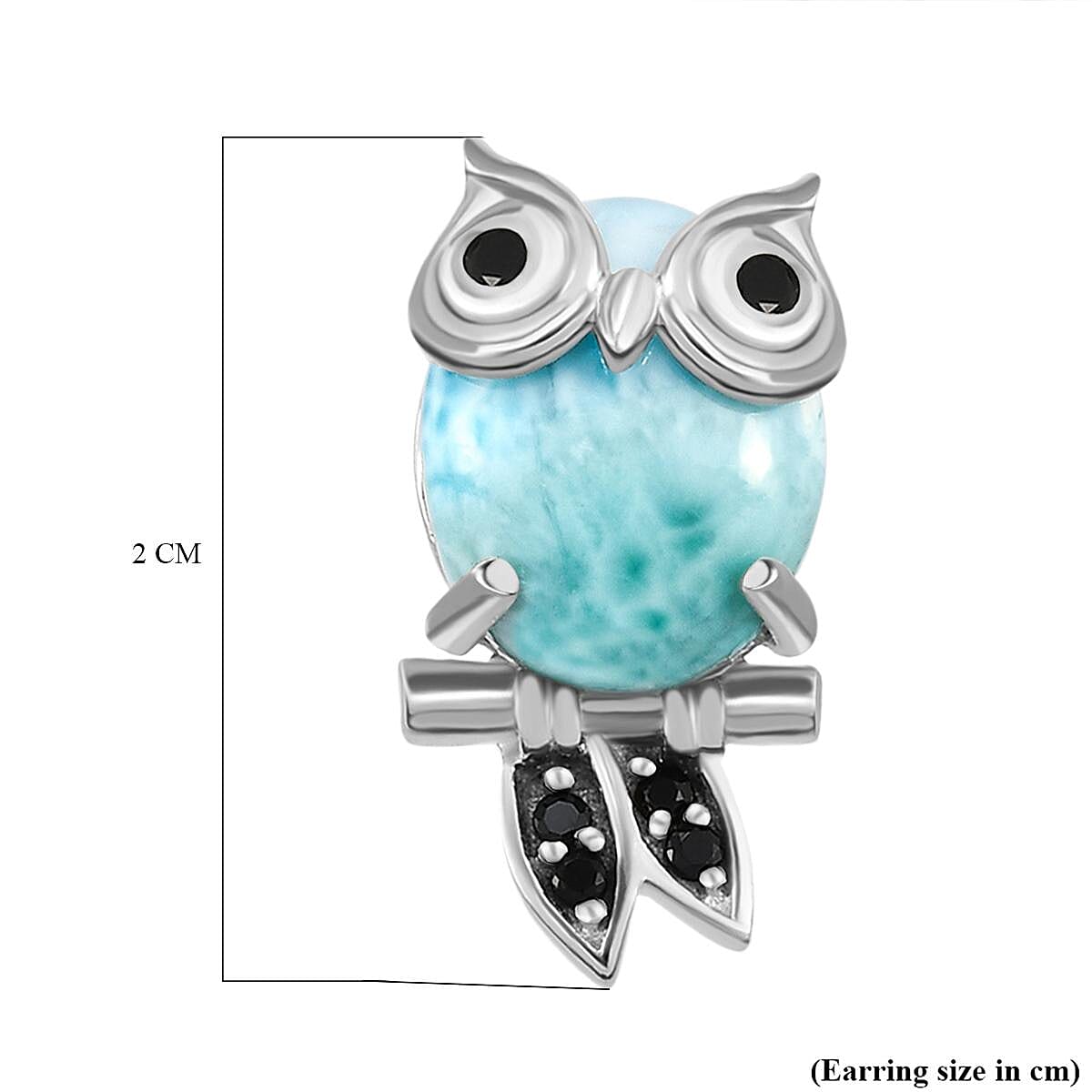 GP - Larimar, Black Spinel Owl Stud Earrings (With Push Back) in Platinum Overlay Sterling Silver 8.37 Ct.