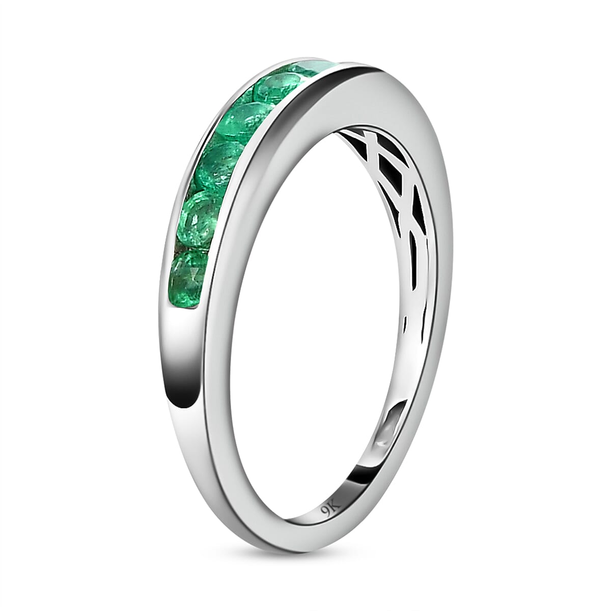 9K White Gold AA Boyaca Colombian Emerald Half Eternity Band Ring