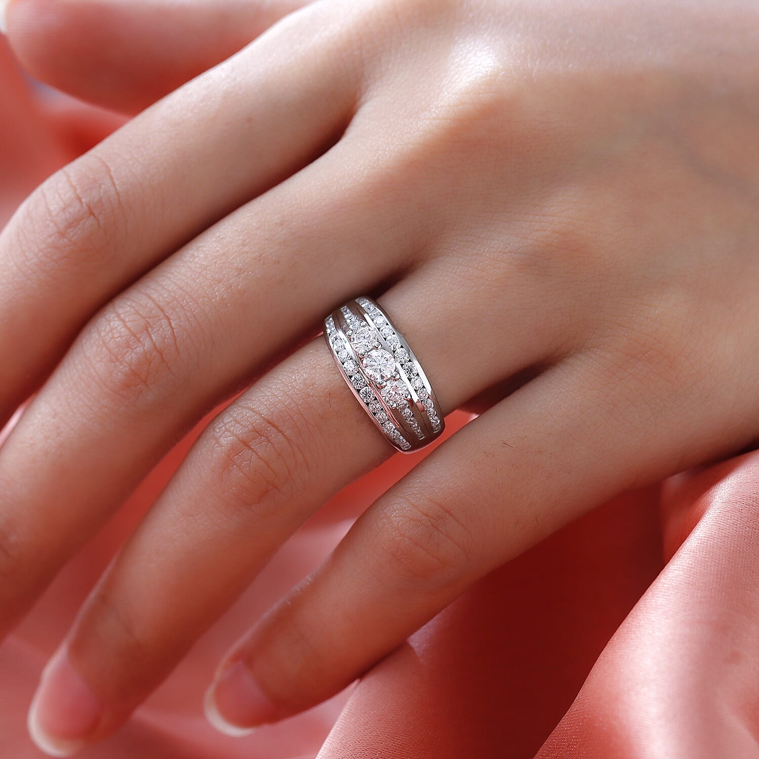 Moissanite Ring in Platinum Overlay Sterling Silver 1.42 Ct.