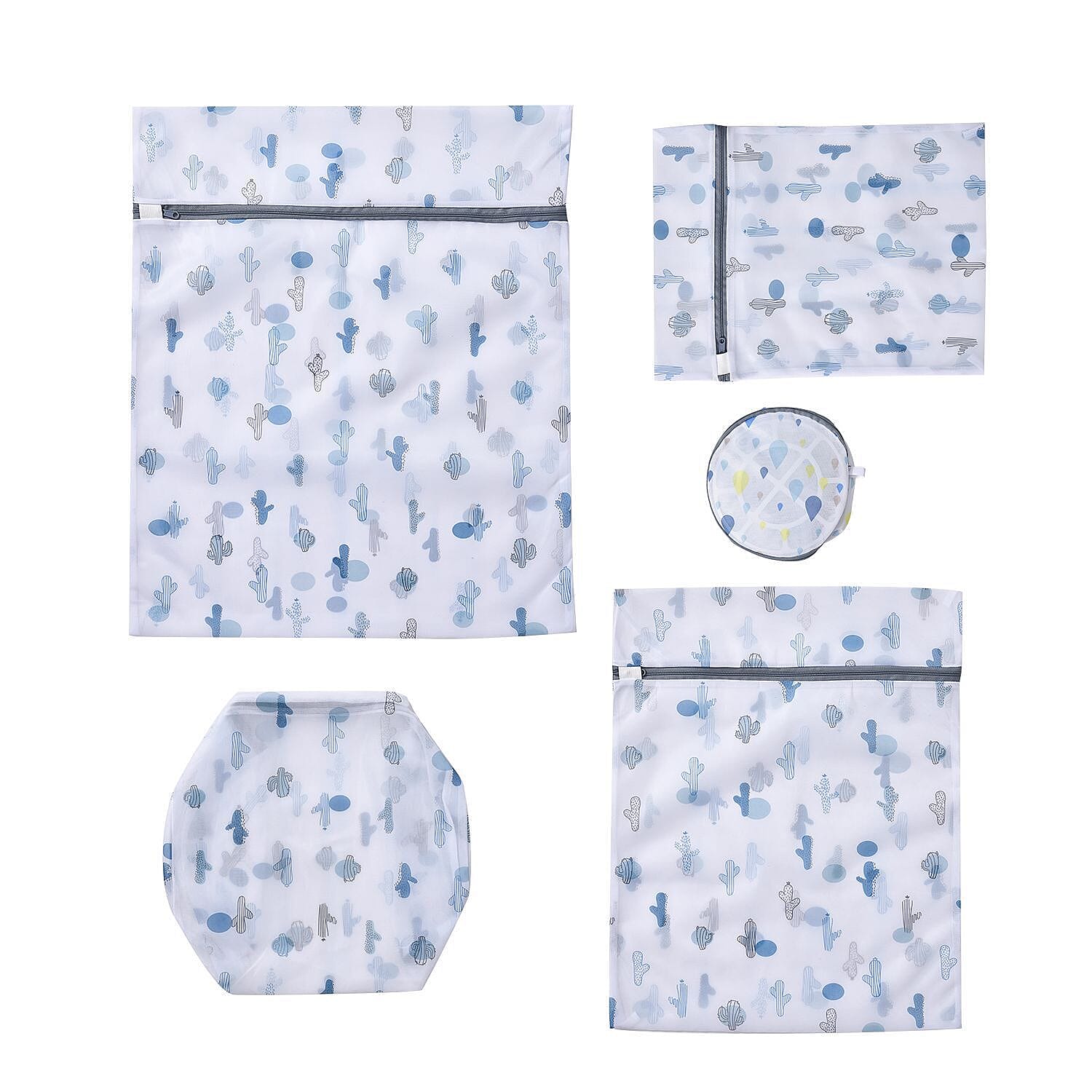 Set of 5 - Cactus Pattern Laundry Bags with Zip Closure - White and Blue