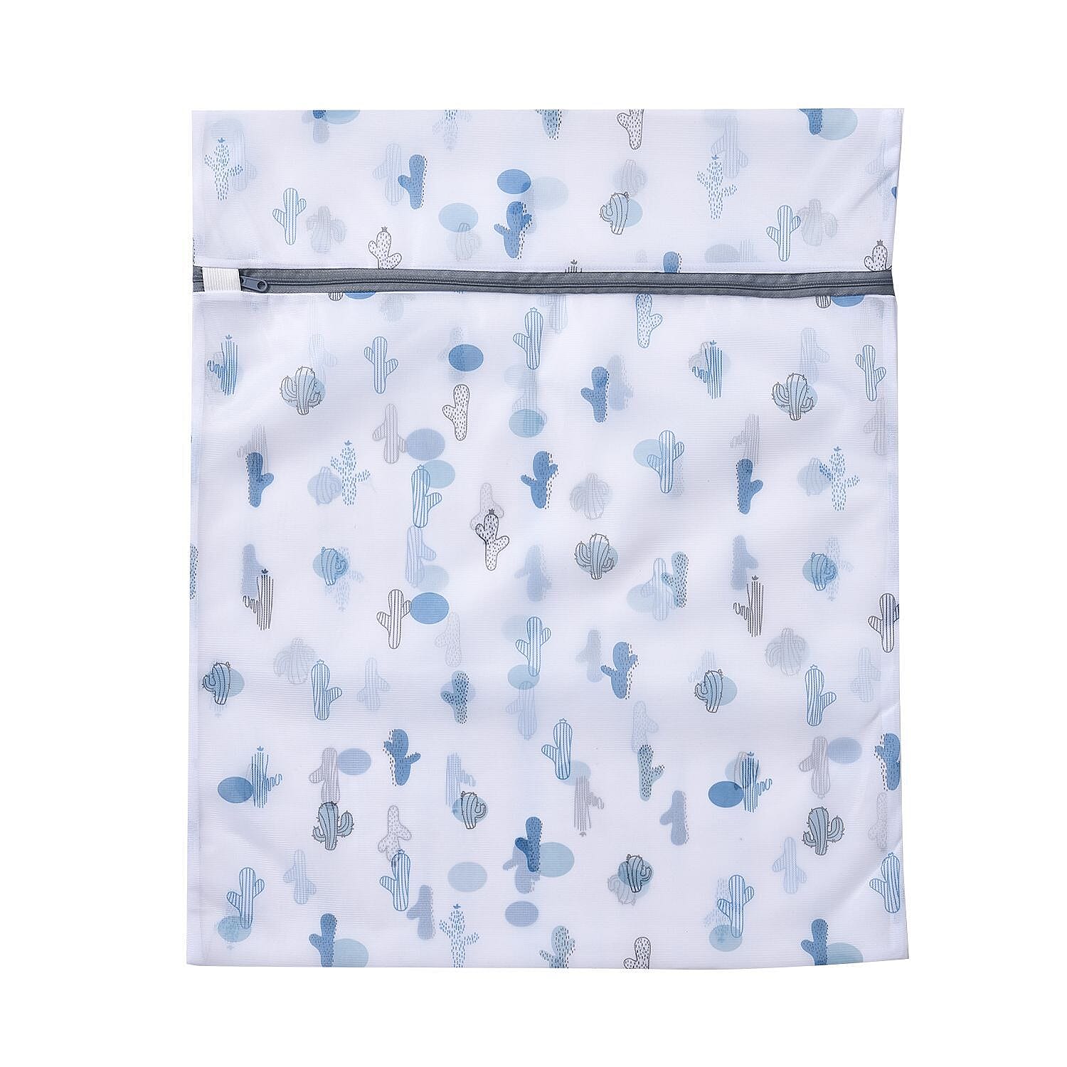 Set of 5 - Cactus Pattern Laundry Bags with Zip Closure - White and Blue