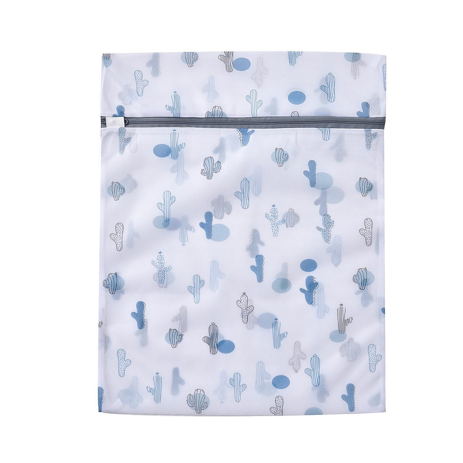 Set of 5 - Cactus Pattern Laundry Bags with Zip Closure - White and Blue