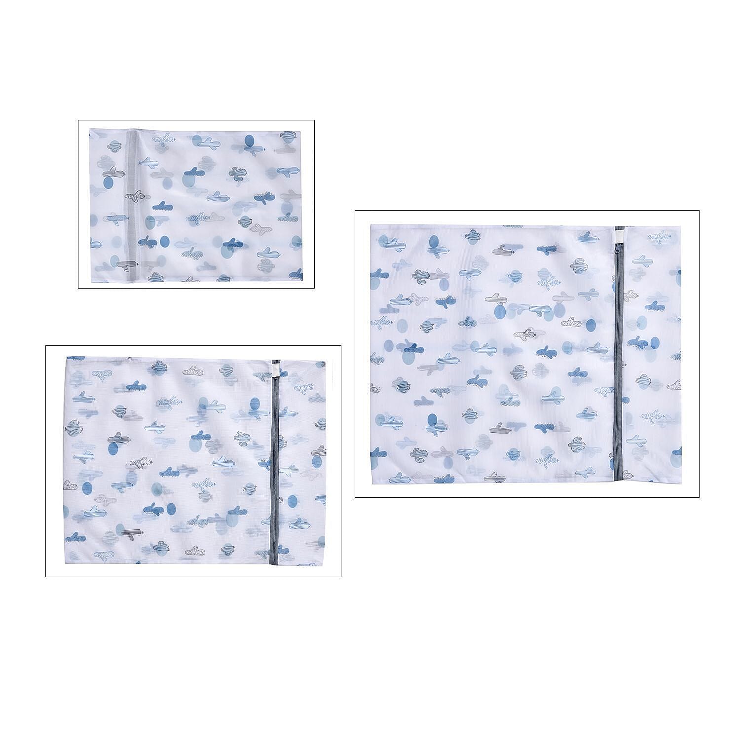 Set of 5 - Cactus Pattern Laundry Bags with Zip Closure - White and Blue