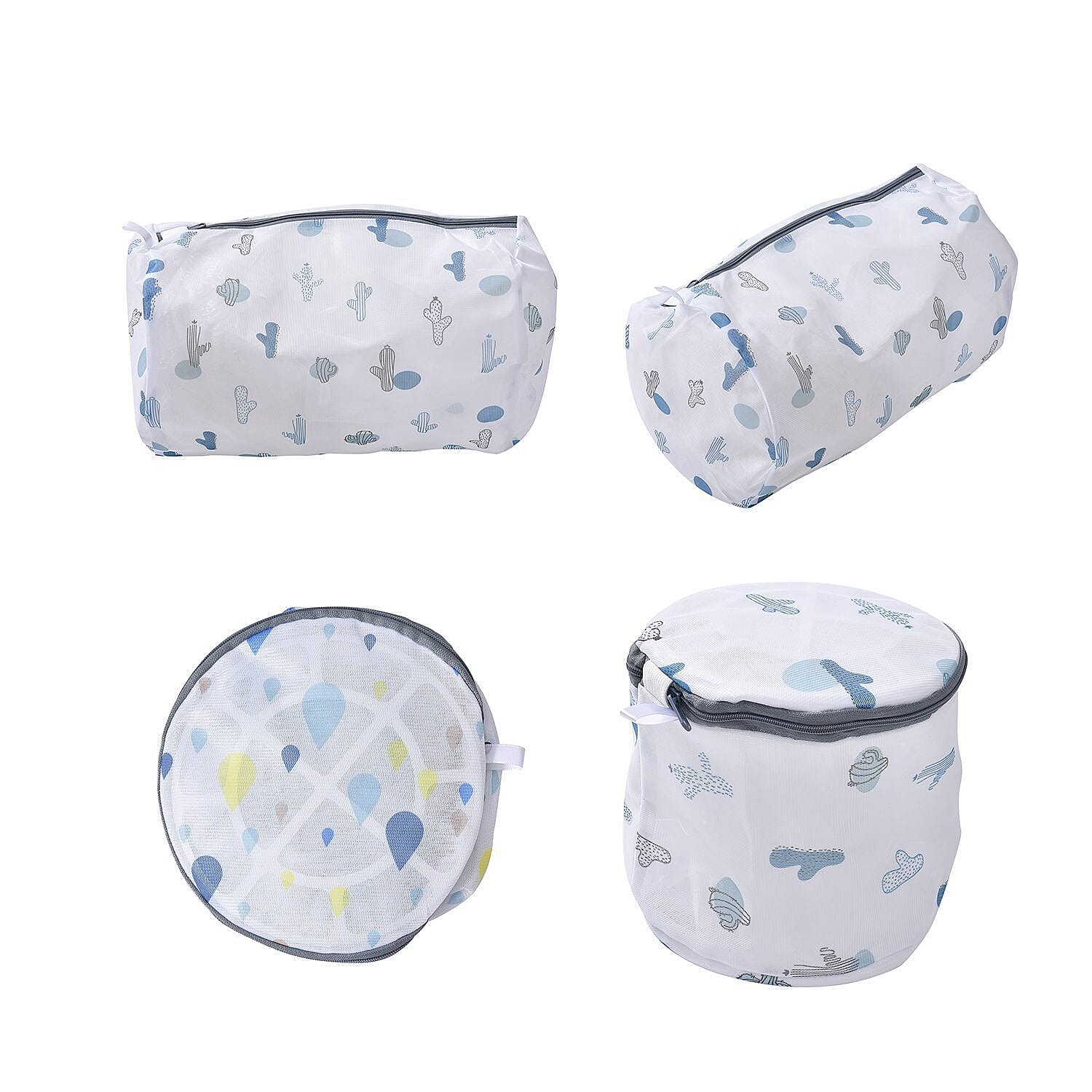 Set of 5 - Cactus Pattern Laundry Bags with Zip Closure - White and Blue
