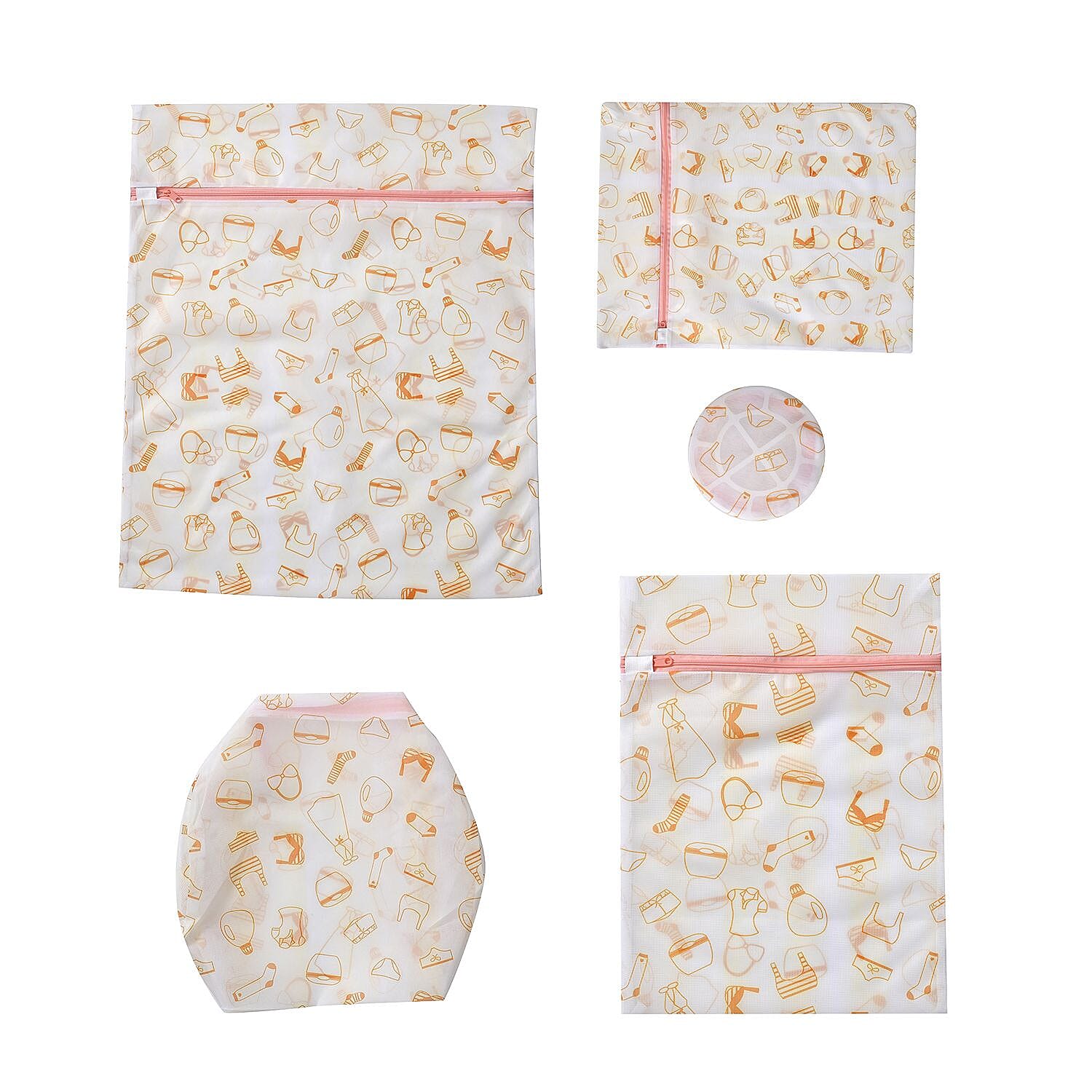 Set of 5 - Orange Underwear Pattern Laundry Bags with Zip Closure - White and Orange