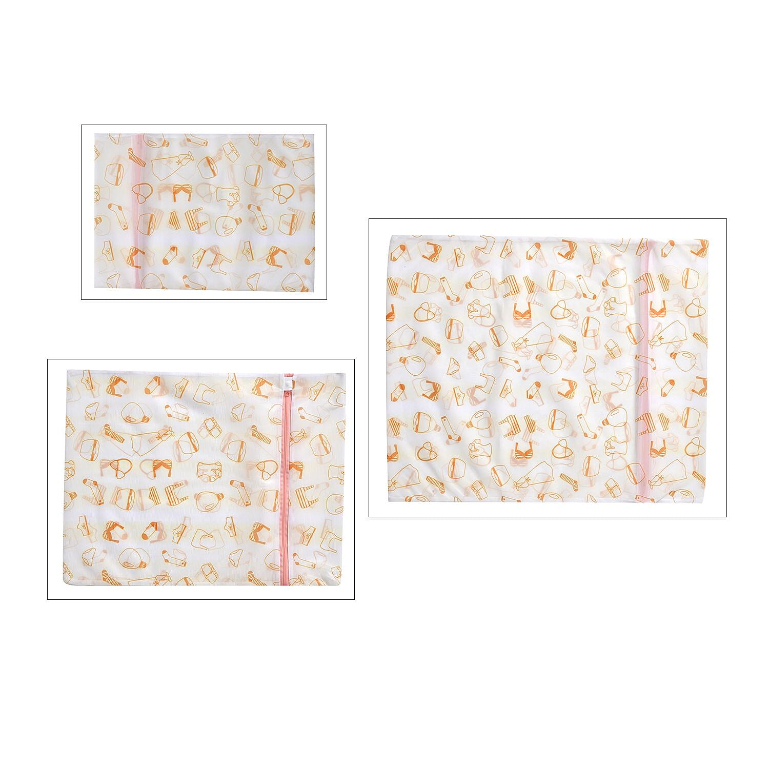 Set of 5 - Orange Underwear Pattern Laundry Bags with Zip Closure - White and Orange