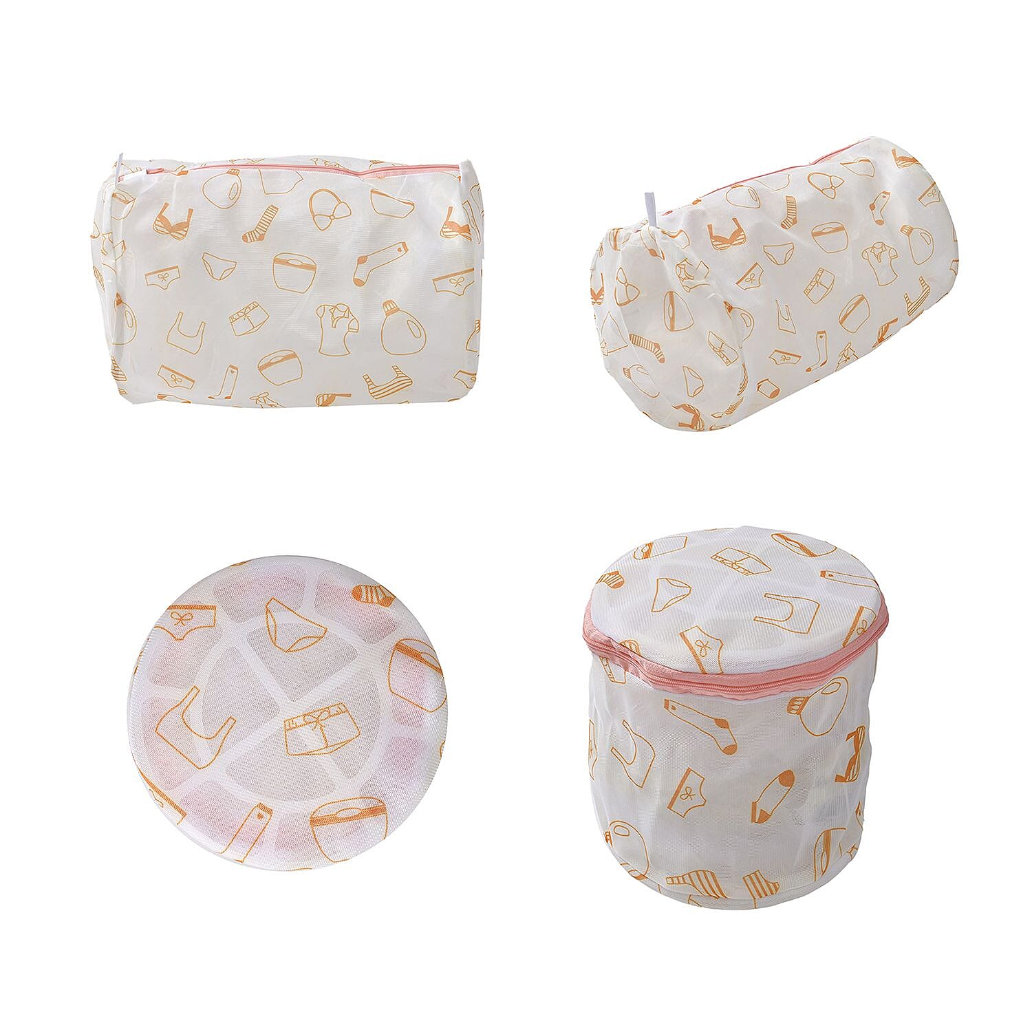 Set of 5 - Orange Underwear Pattern Laundry Bags with Zip Closure - White and Orange