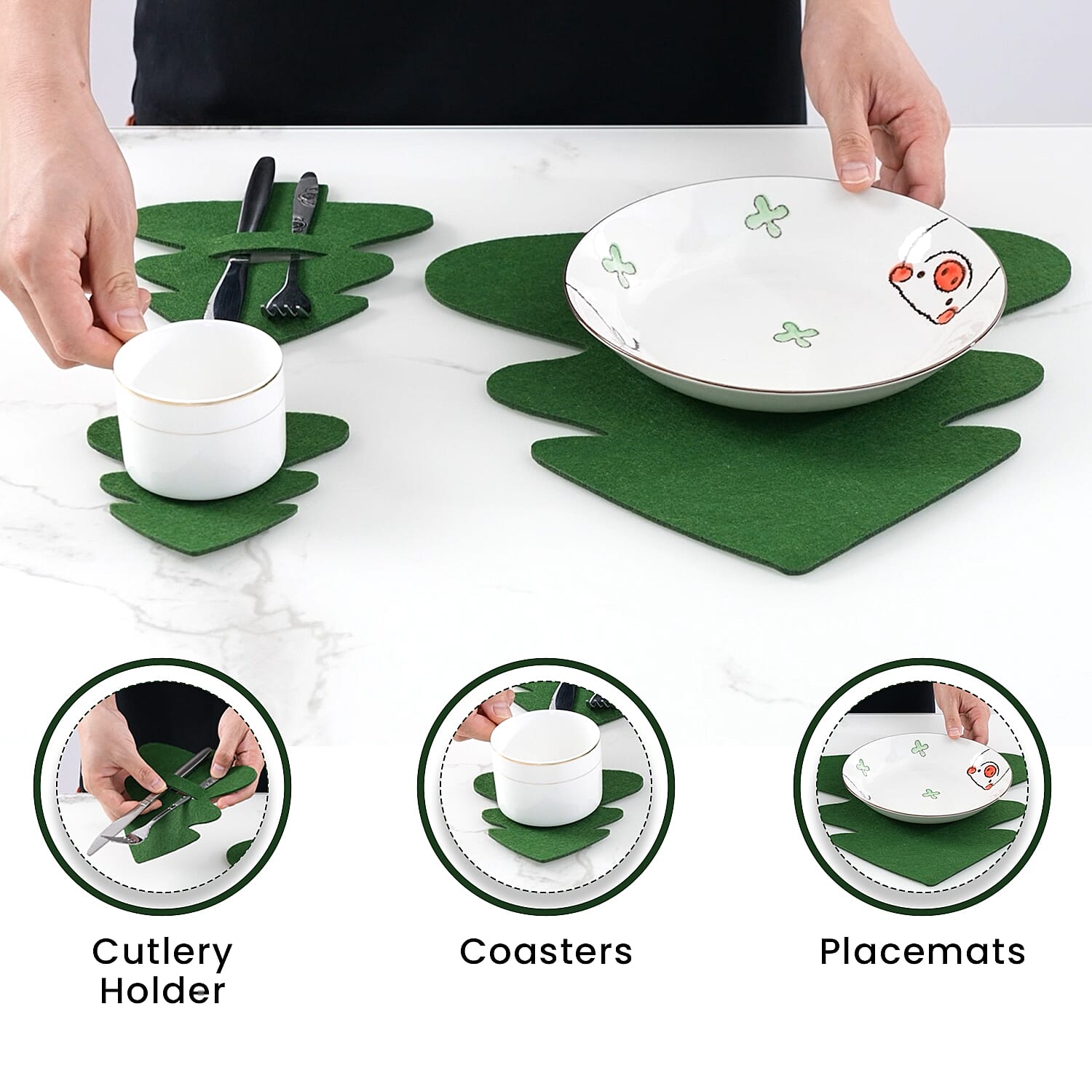 Set of 12 - Cutlery Holder, Placemats and Coaster - Green