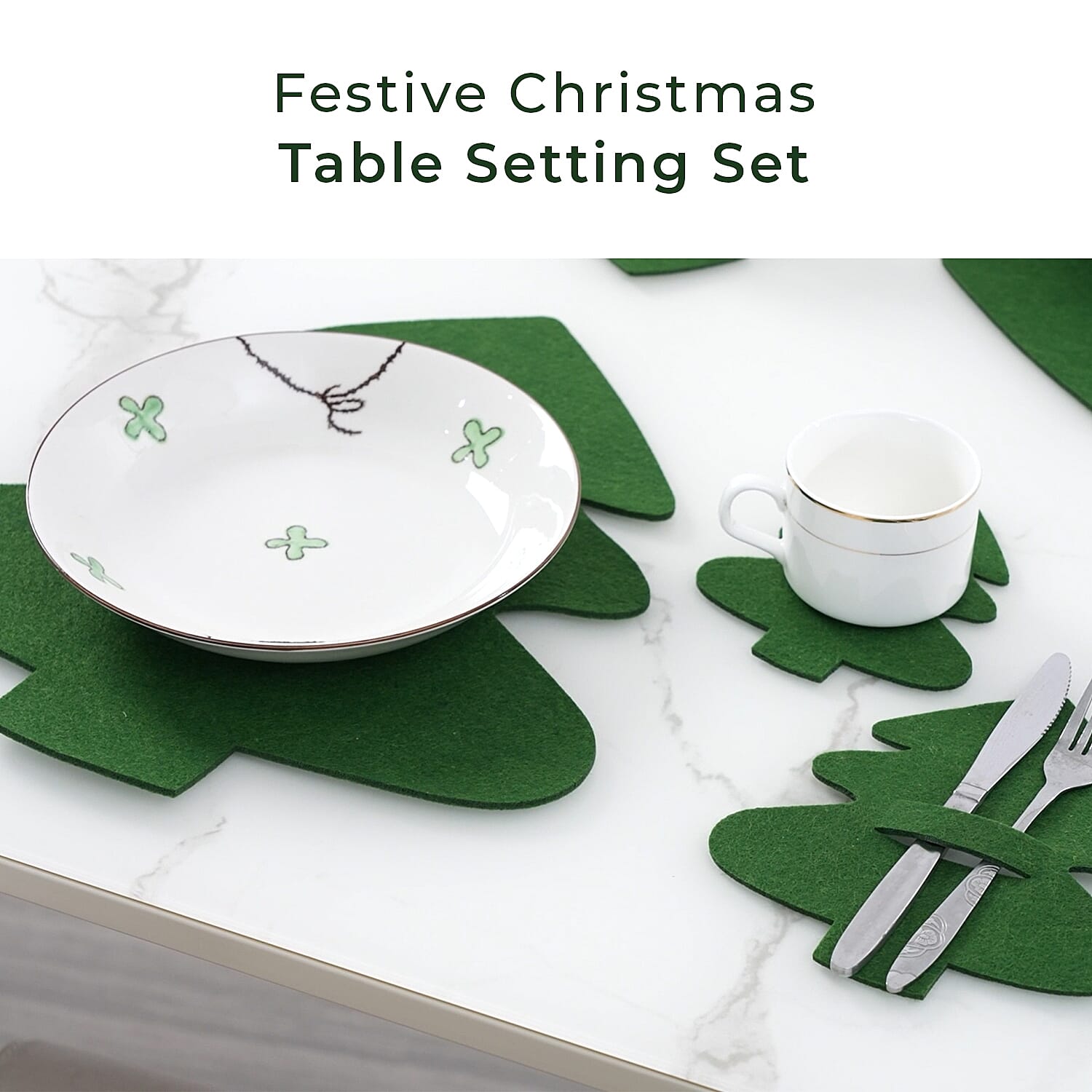Set of 12 - Cutlery Holder, Placemats and Coaster - Green