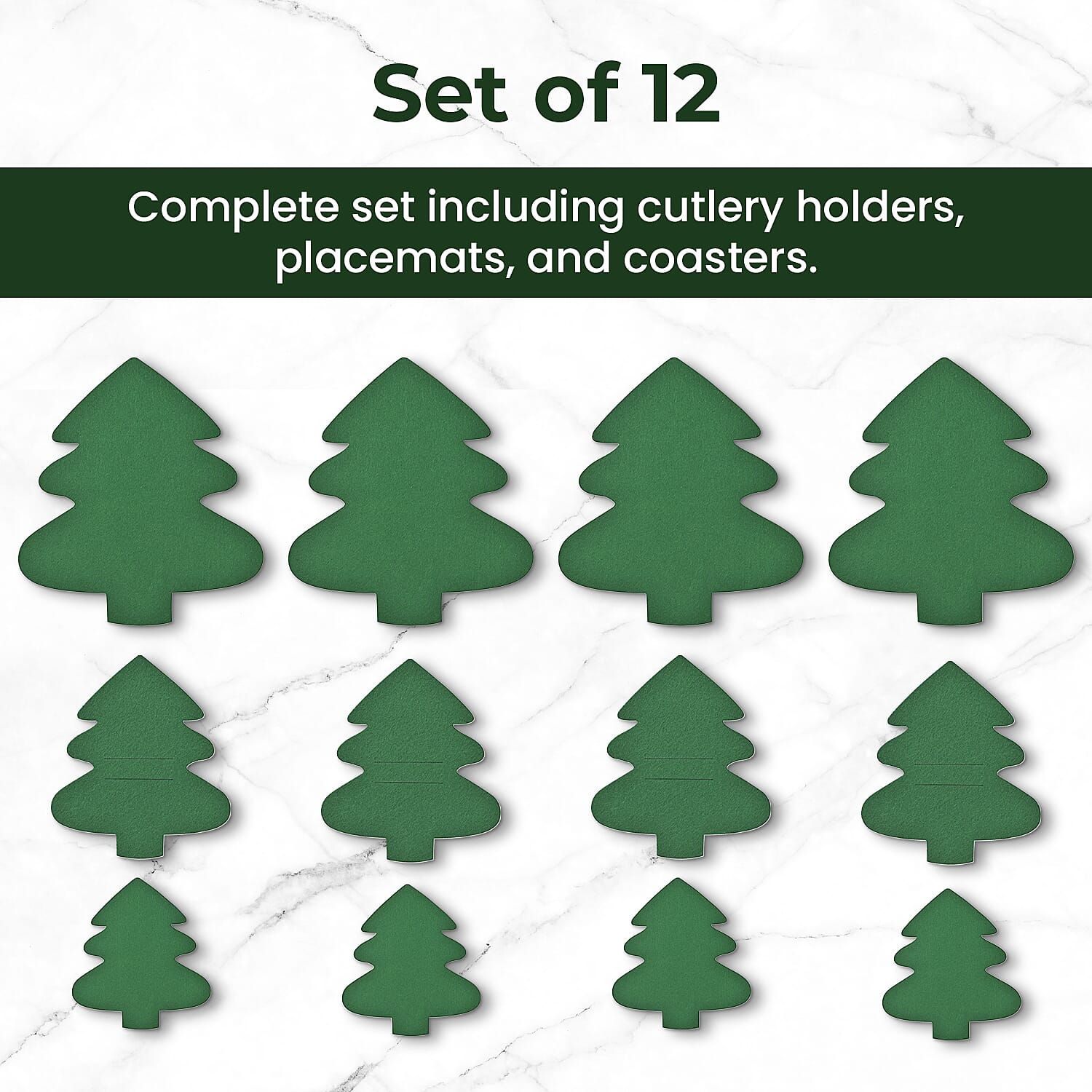 Set of 12 - Cutlery Holder, Placemats and Coaster - Green