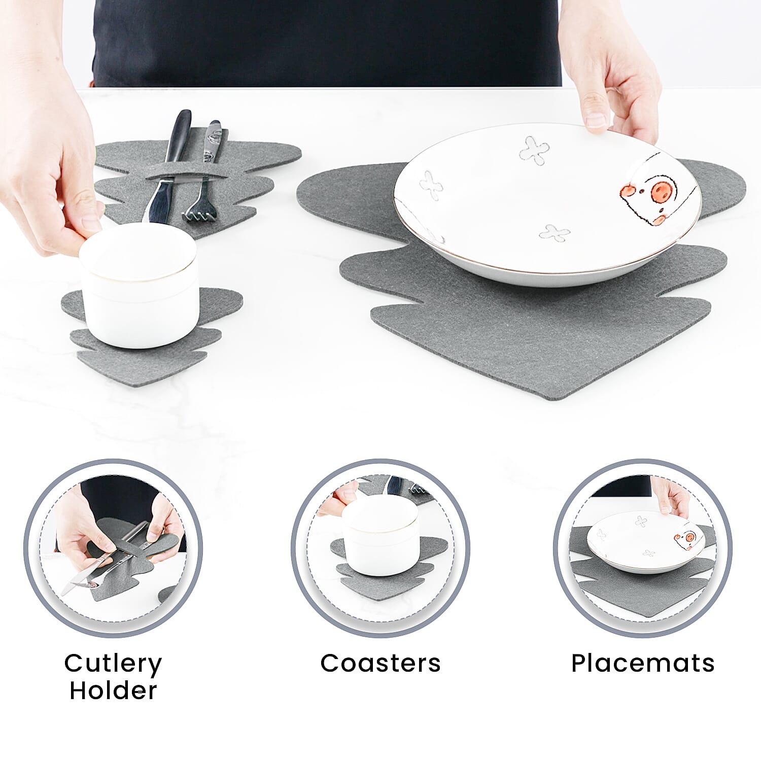 Set of 12 - Cutlery Holder, Placemats and Coaster - Grey
