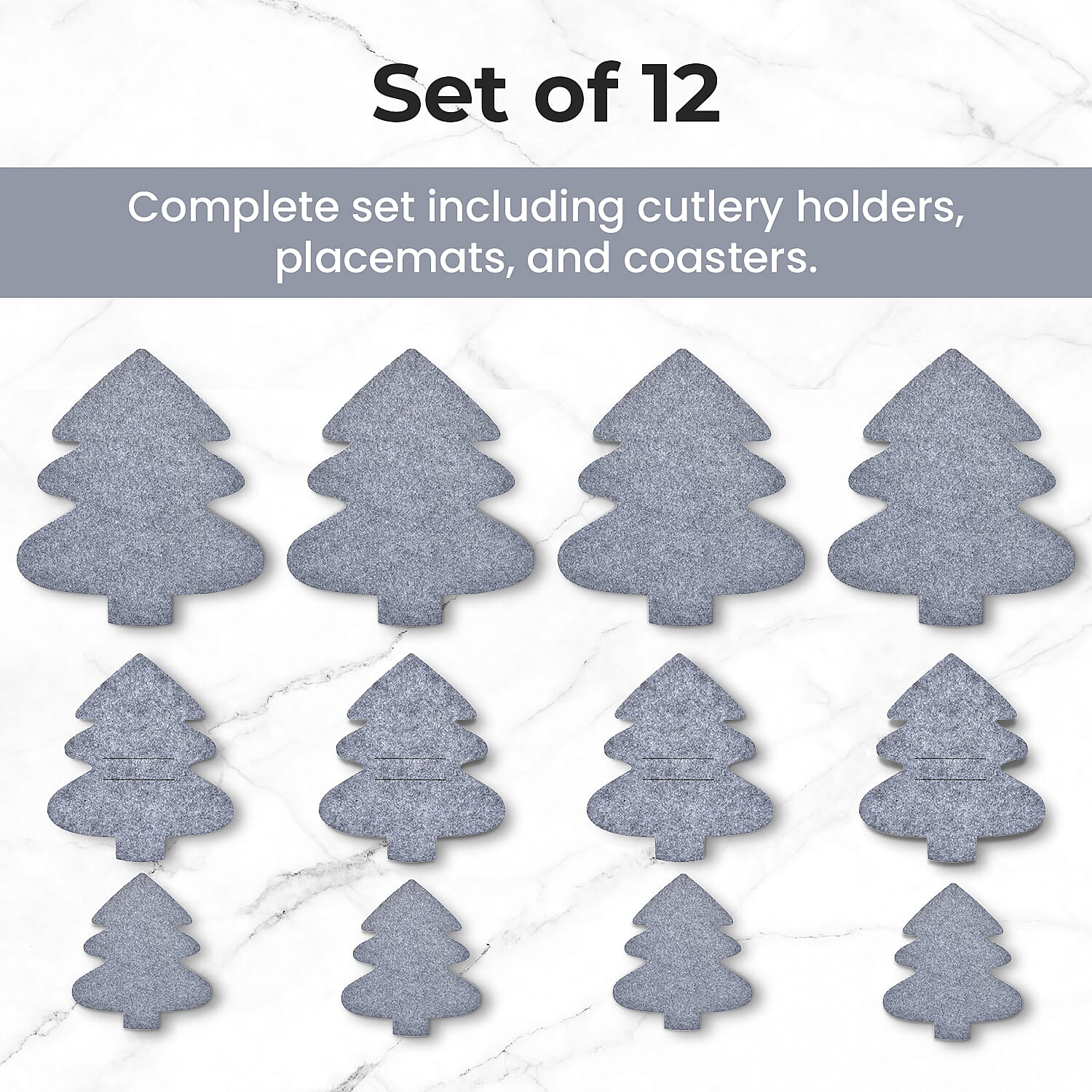 Set of 12 - Cutlery Holder, Placemats and Coaster - Grey