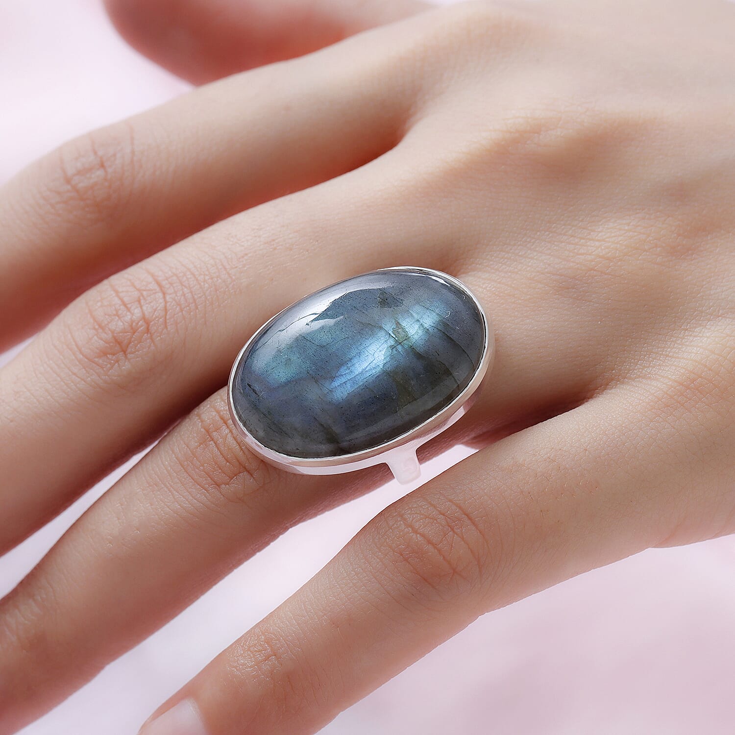 Rare Size Labradorite (OV 30X20) Solitaire Ring in Sterling Silver 33.00 Ct.