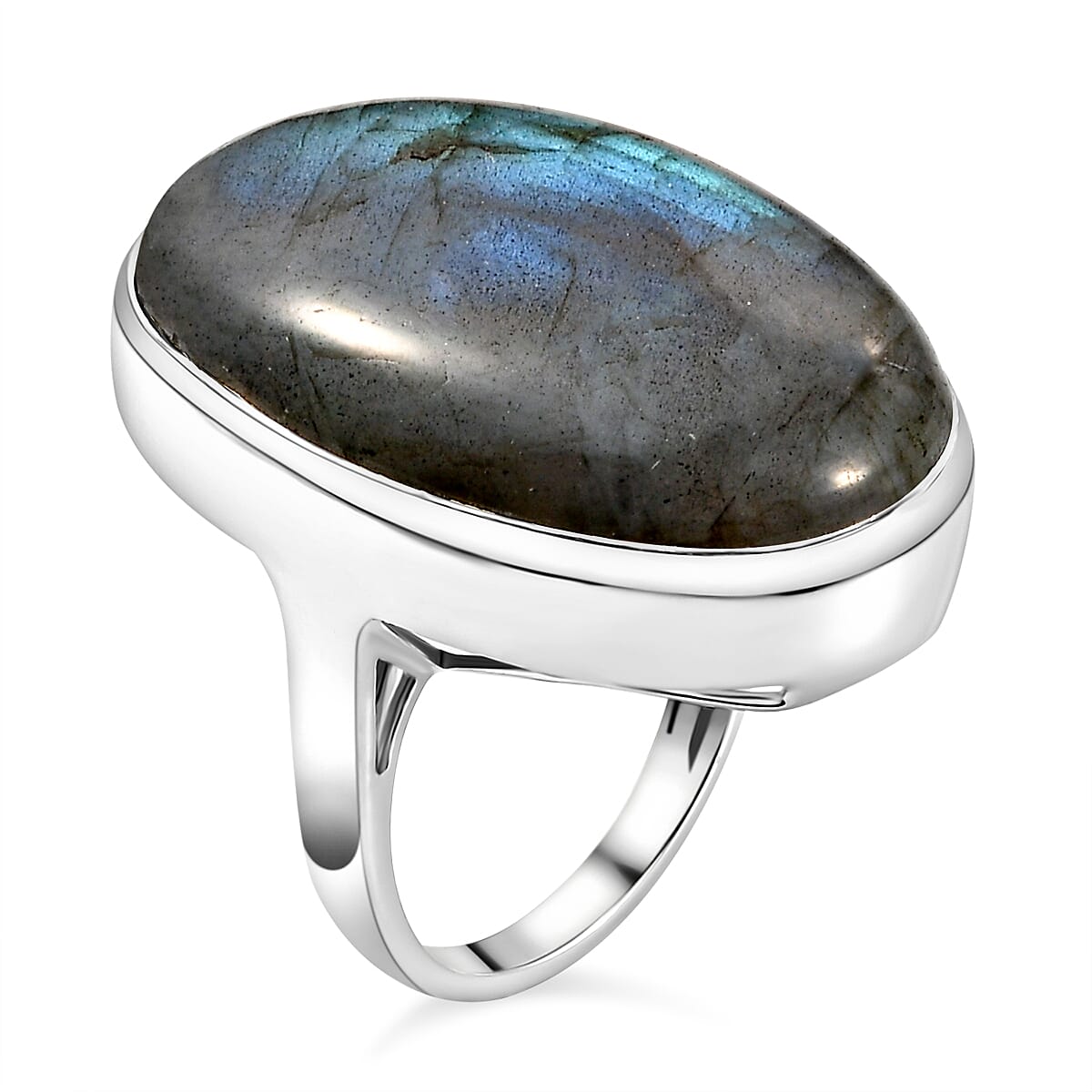Rare Size Labradorite (OV 30X20) Solitaire Ring in Sterling Silver 33.00 Ct.