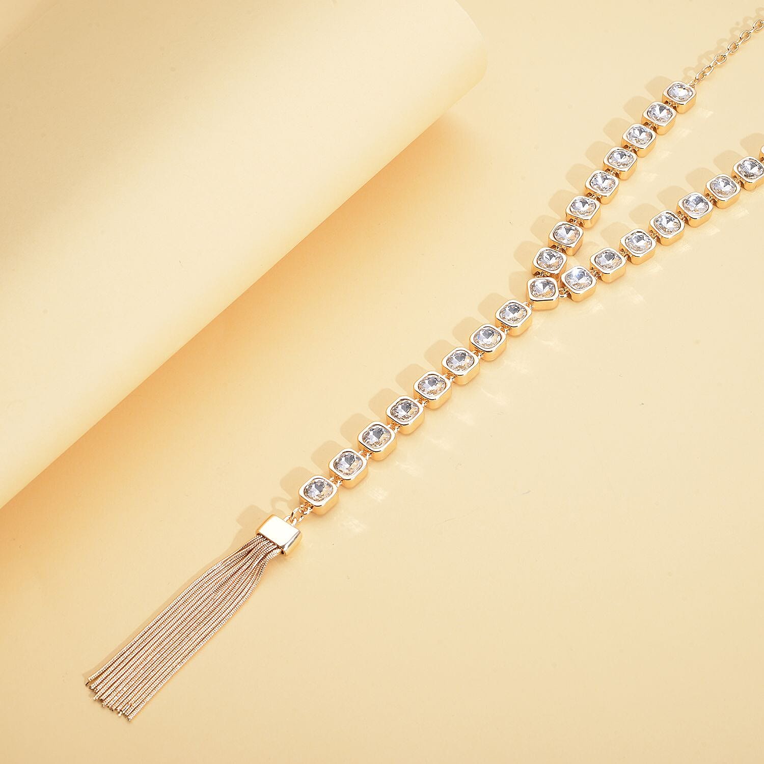 White Austrian Crystal Necklace (Size - 28) in Yellow Gold Tone