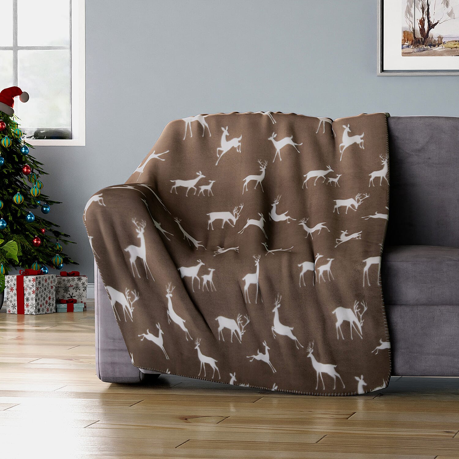 Soft Deer Pattern Fleece Blanket - Coffee