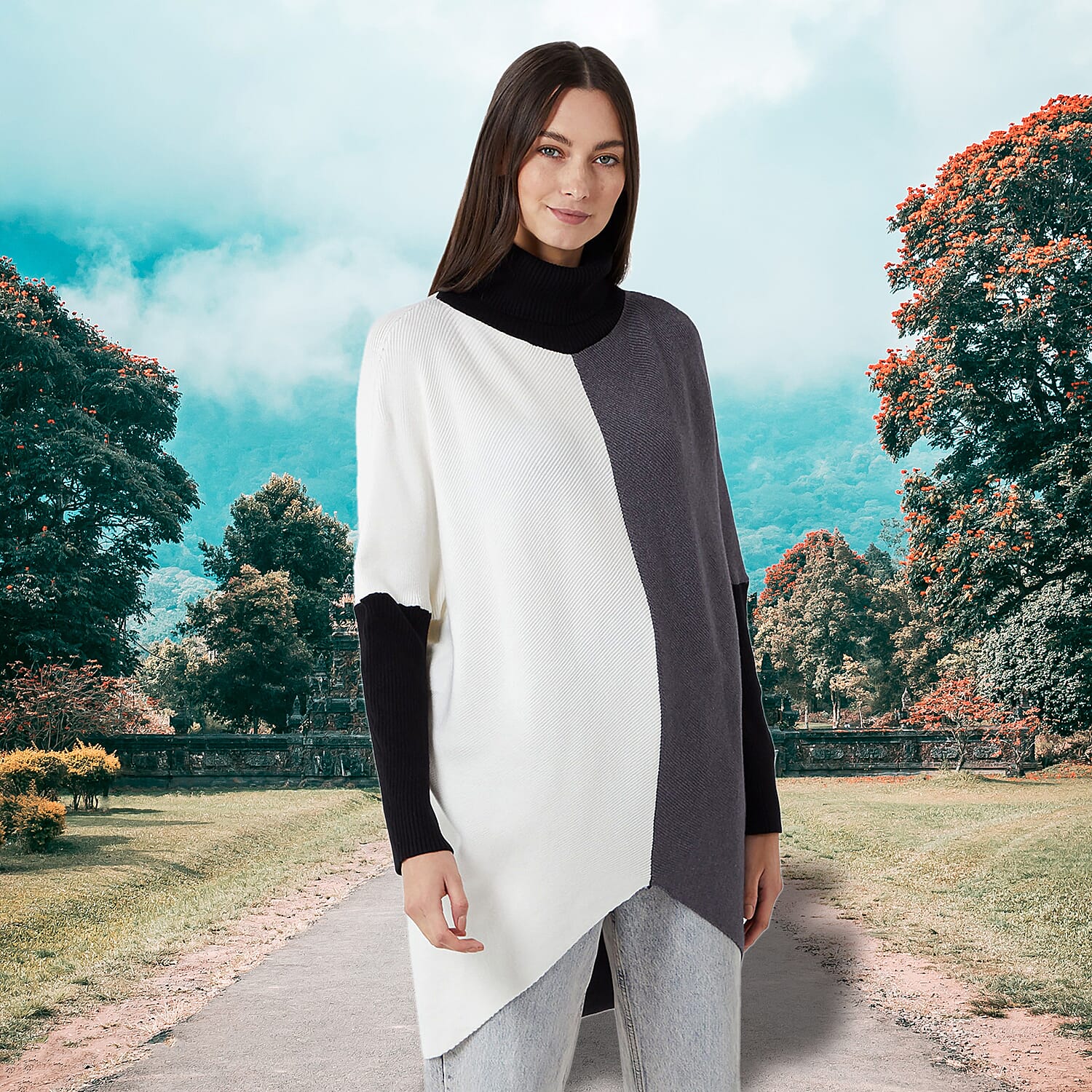 Nova of London Block Chevron Rib Tunic (Size One Size) - Black, Grey & Ivory