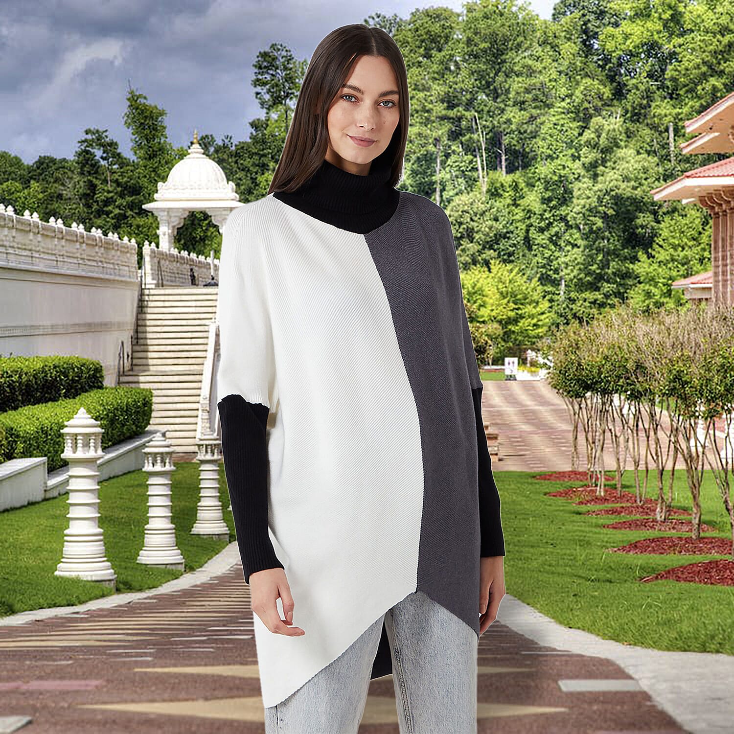 Nova of London Block Chevron Rib Tunic (Size One Size) - Black, Grey & Ivory