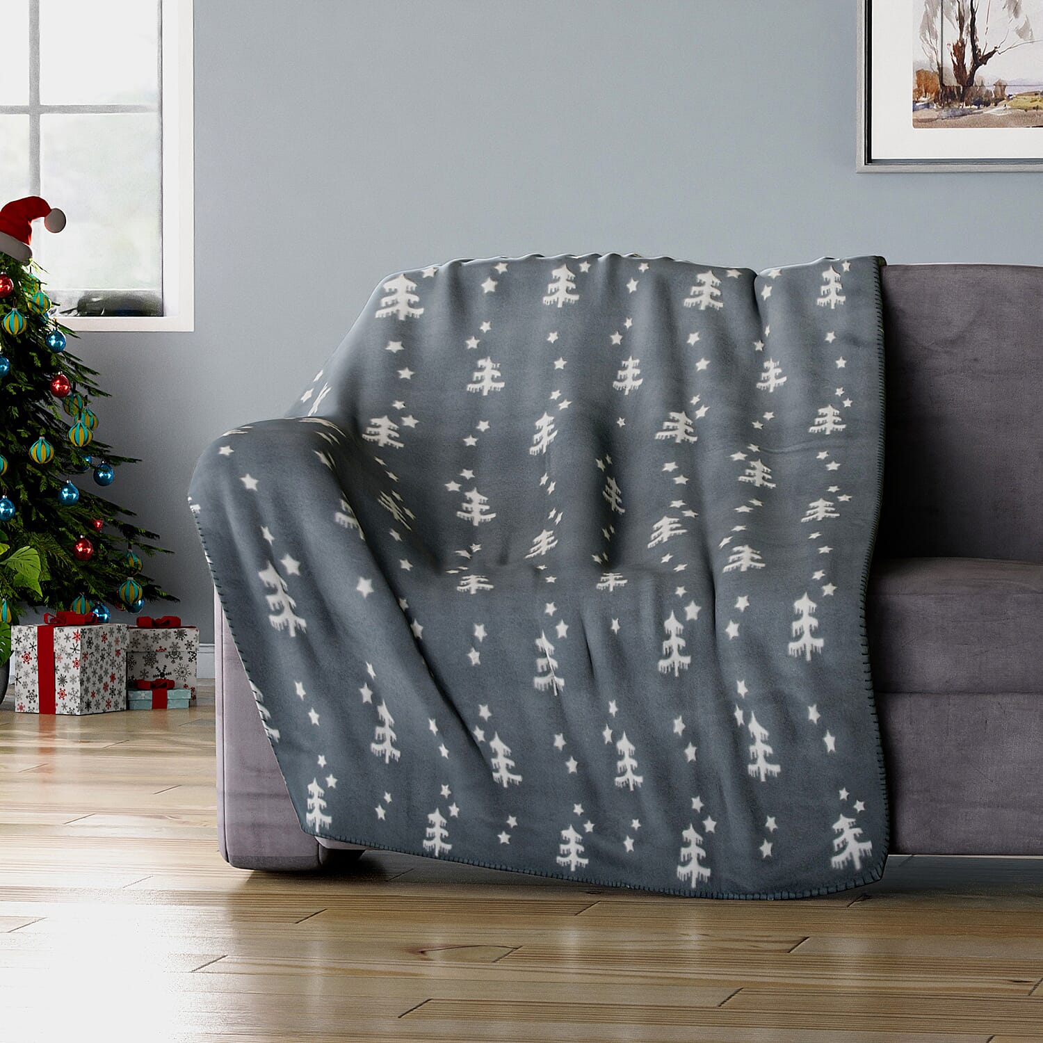 Soft Christmas Tree Pattern Fleece Blanket (Size 170x130 Cm) - Grey
