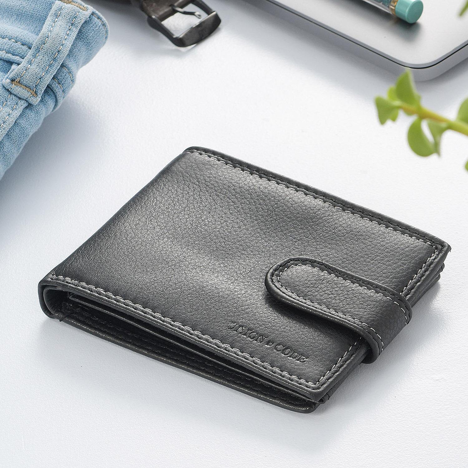 Genuine Leather RFID Protected Bi-Fold Mens Wallet - Black