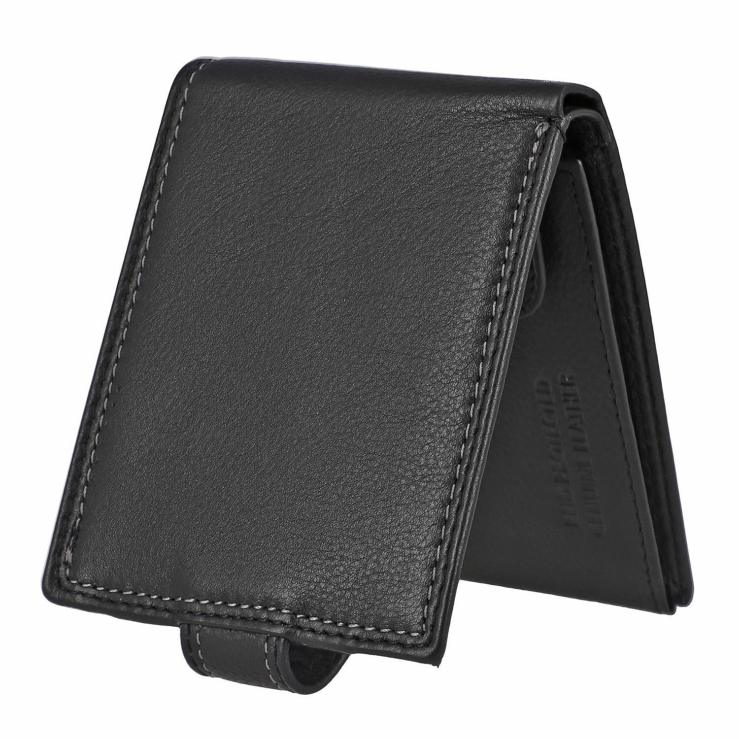 Genuine Leather RFID Protected Bi-Fold Mens Wallet - Black