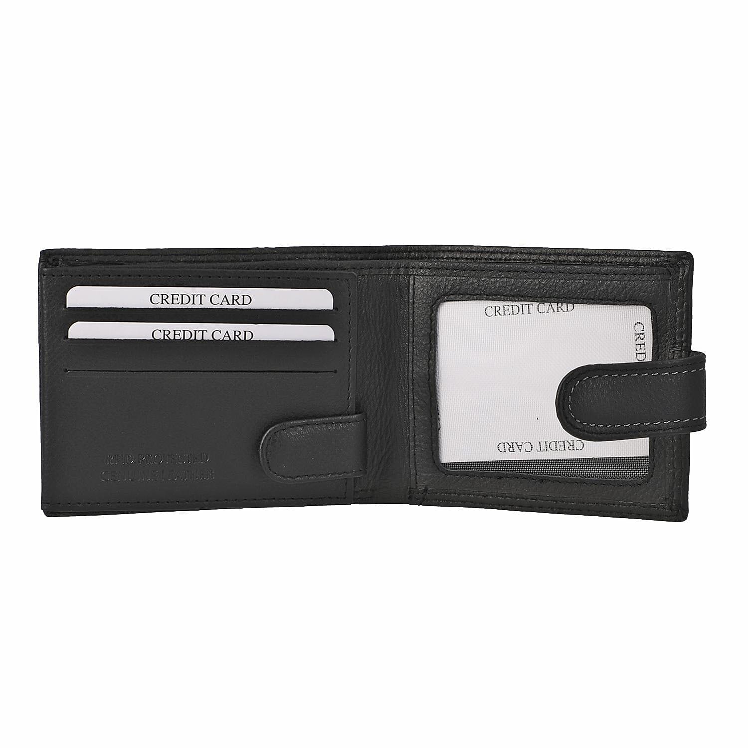 Genuine Leather RFID Protected Bi-Fold Mens Wallet - Black
