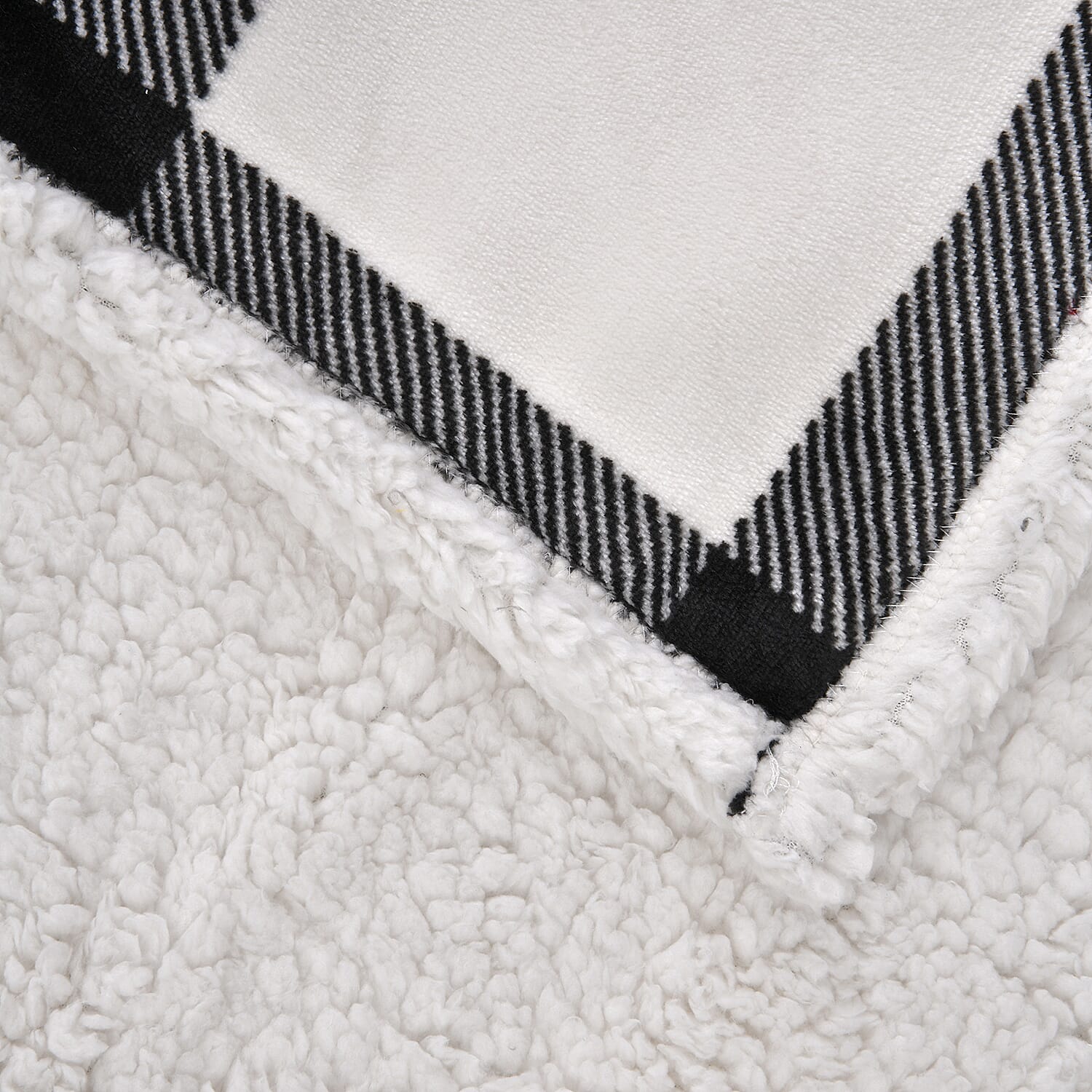 Tjc Square Pattern Double Layer Sherpa Blanket (Size 150x115 Cm) - Black & White