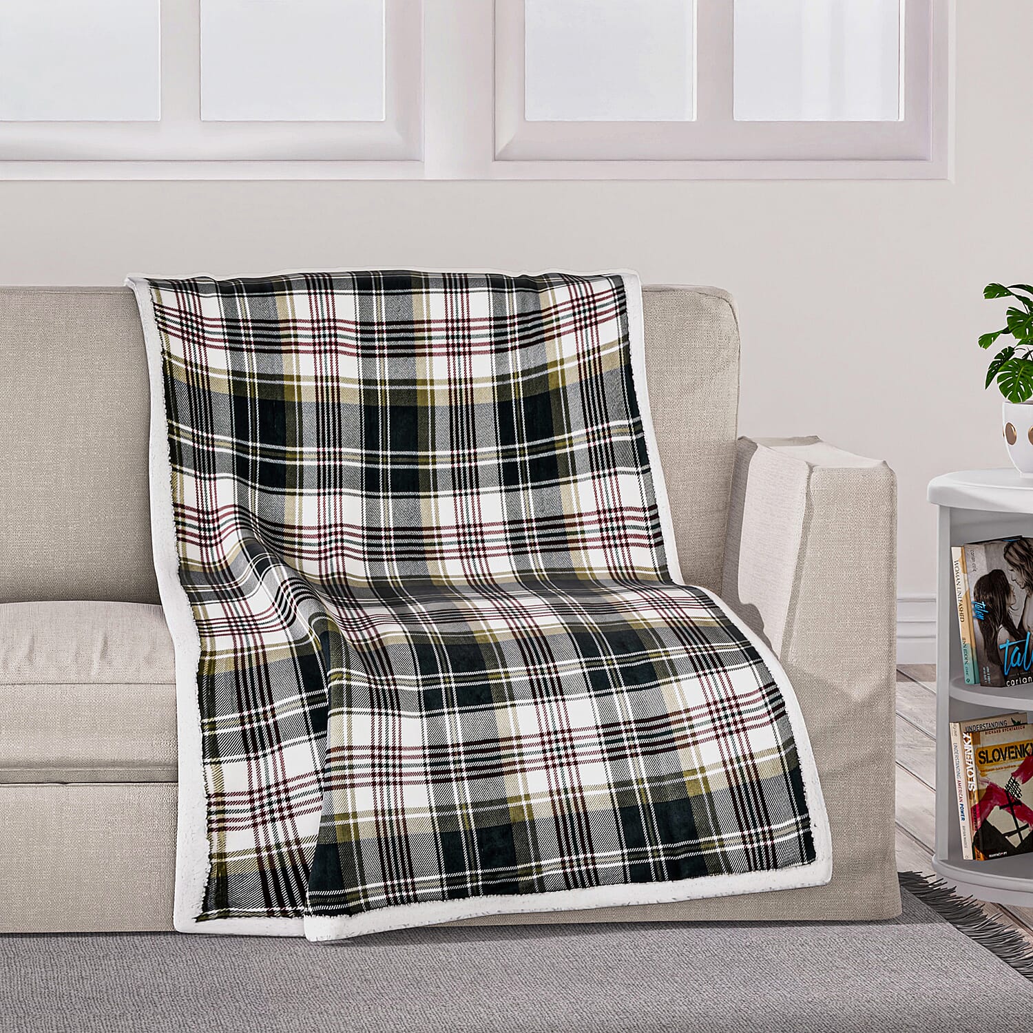 Tjc Square Pattern Sherpa Blanket (Size 150x115 Cm) - Green, White and Brown