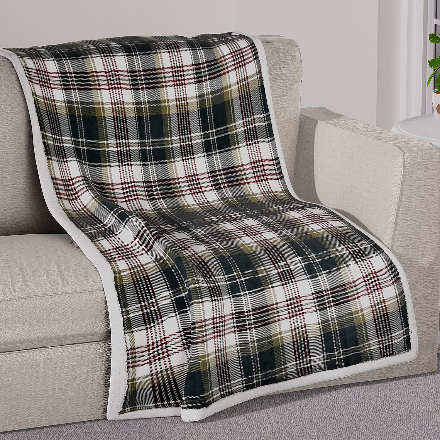 Tjc Square Pattern Sherpa Blanket (Size 150x115 Cm) - Green, White and Brown