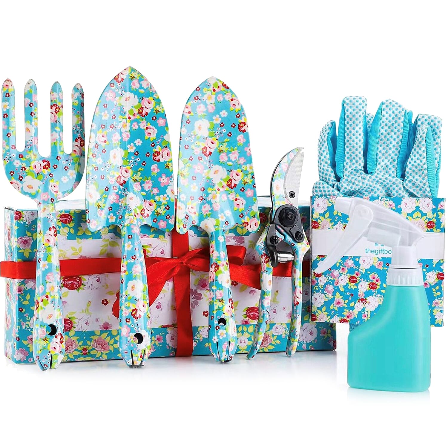 Gardening Tool Set in Gift Box (Includes Shovel, Fork, Pruning Shears, Pair of Protective Gloves & Watering Spray Bottle)