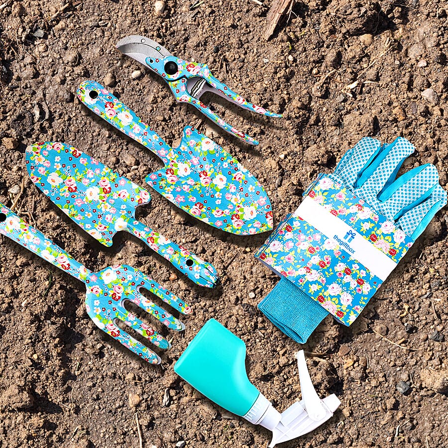 Gardening Tool Set in Gift Box (Includes Shovel, Fork, Pruning Shears, Pair of Protective Gloves & Watering Spray Bottle)