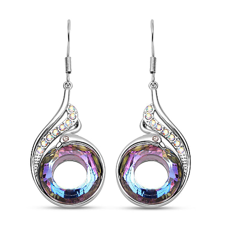 Simulated Mystic Topaz, White and Grey Austrian Crystal Fish Hook Earrings in Silver Tone