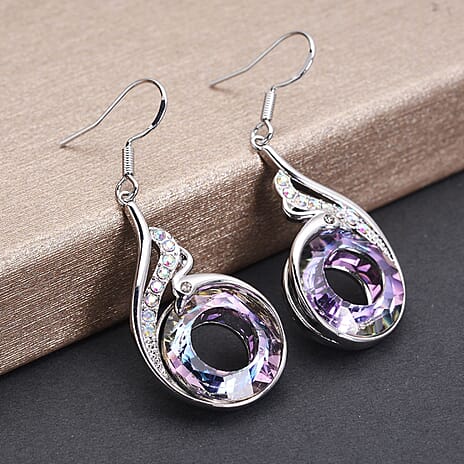Simulated Mystic Topaz, White & Grey Austrian Crystal Peacock Dangle Earrings With Hook in Silver Tone 5.22 Ct.