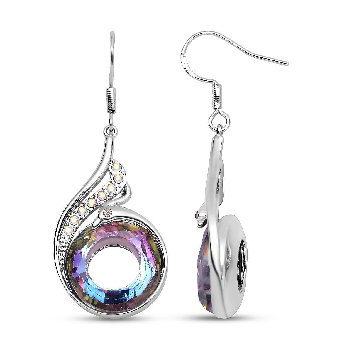 Simulated Mystic Topaz, White & Grey Austrian Crystal Peacock Dangle Earrings With Hook in Silver Tone 5.22 Ct.
