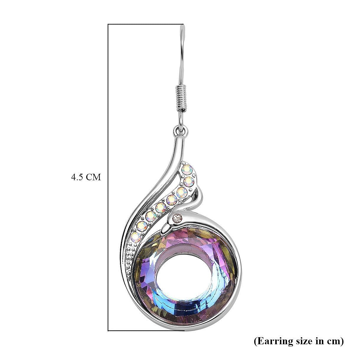 Simulated Mystic Topaz, White & Grey Austrian Crystal Peacock Dangle Earrings With Hook in Silver Tone 5.22 Ct.