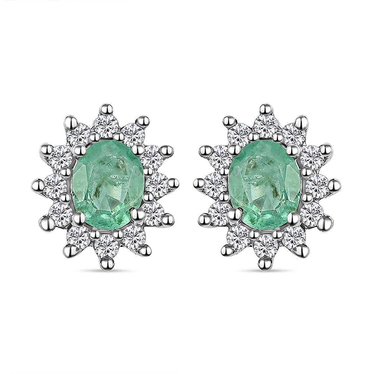 Ethiopian Emerald and Natural Cambodian Zircon Stud Earrings with Push Back in Platinum Overlay Sterling Silver 1.07 Ct.