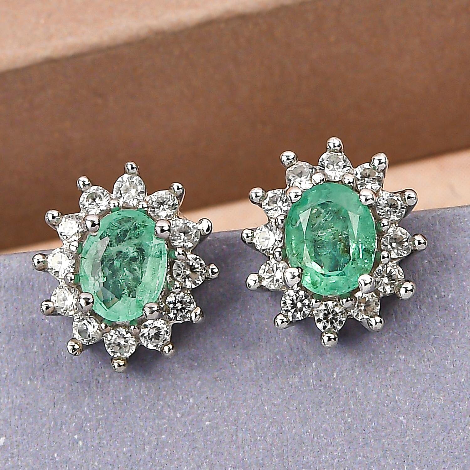Ethiopian Emerald and Natural Cambodian Zircon Stud Earrings with Push Back in Platinum Overlay Sterling Silver 1.07 Ct.