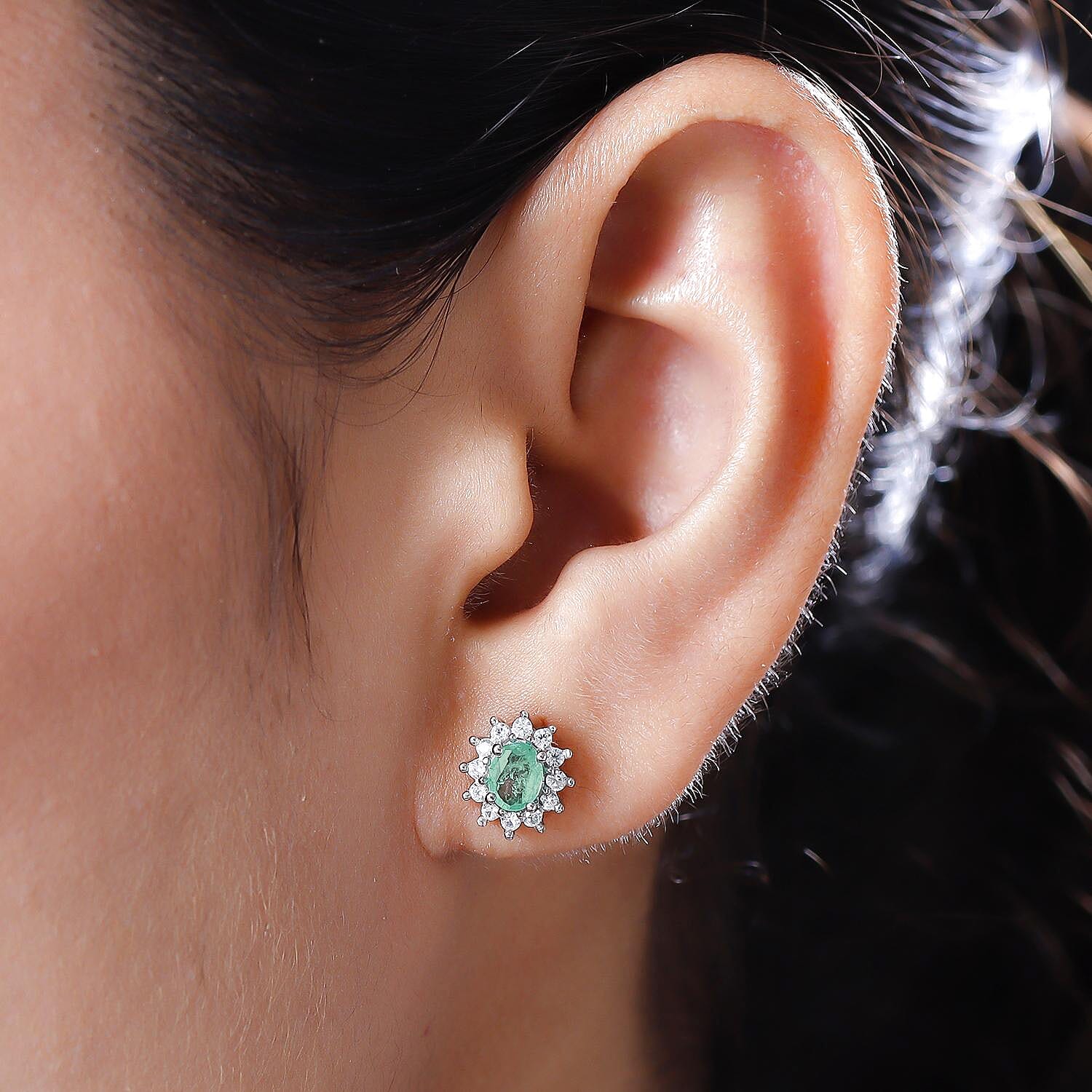 Ethiopian Emerald and Natural Cambodian Zircon Stud Earrings with Push Back in Platinum Overlay Sterling Silver 1.07 Ct.