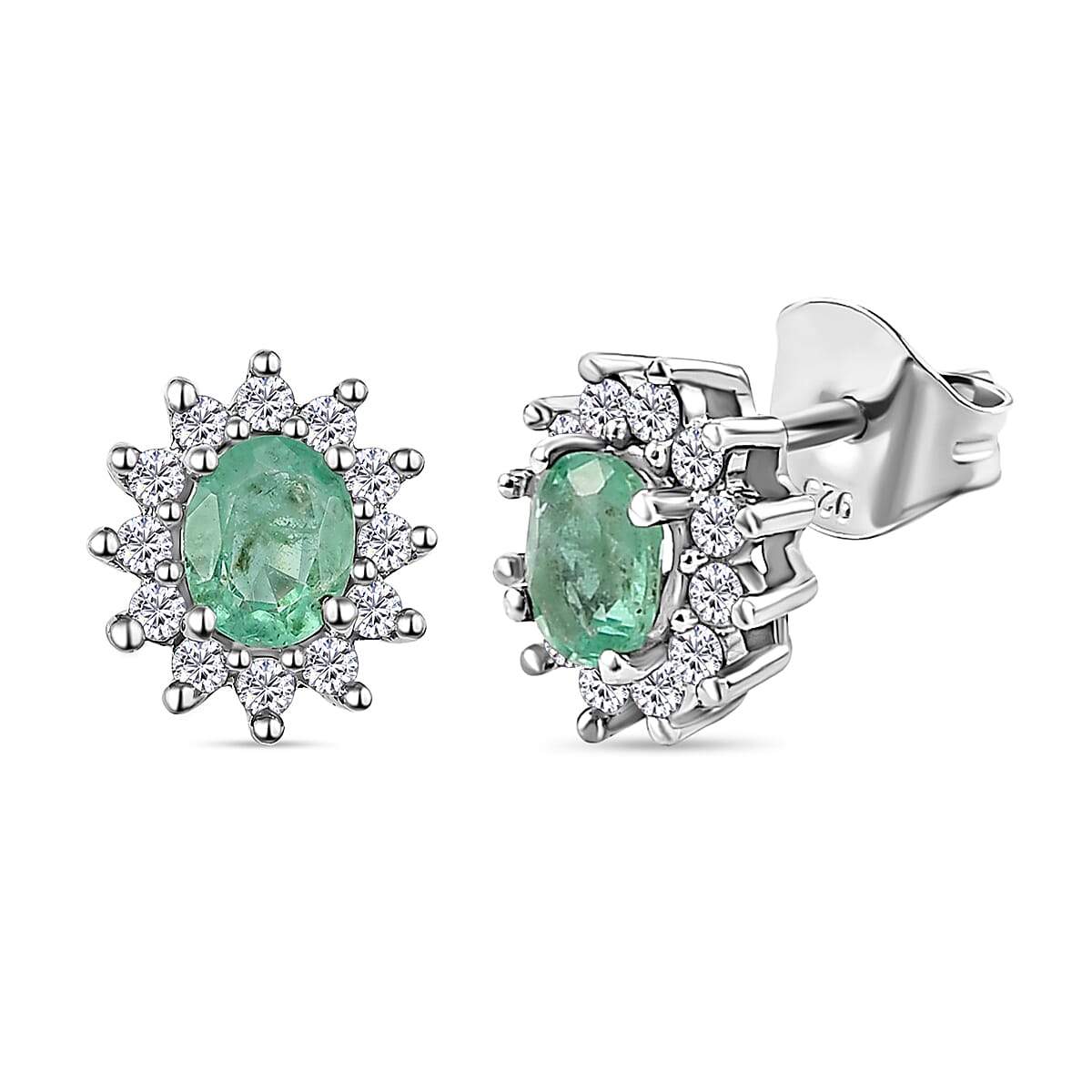 Ethiopian Emerald and Natural Cambodian Zircon Stud Earrings with Push Back in Platinum Overlay Sterling Silver 1.07 Ct.