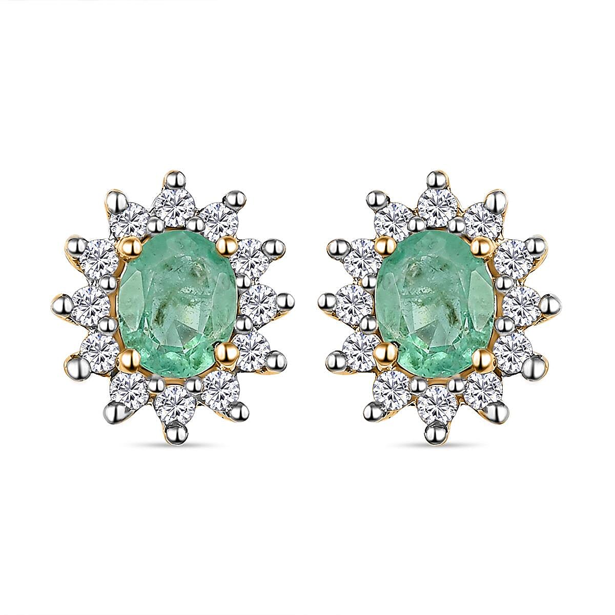 Ethiopian Emerald and Natural Cambodian Zircon Stud Earrings with Push Back in Vermeil Yellow Gold Overlay Sterling Silver 1.07 Ct.