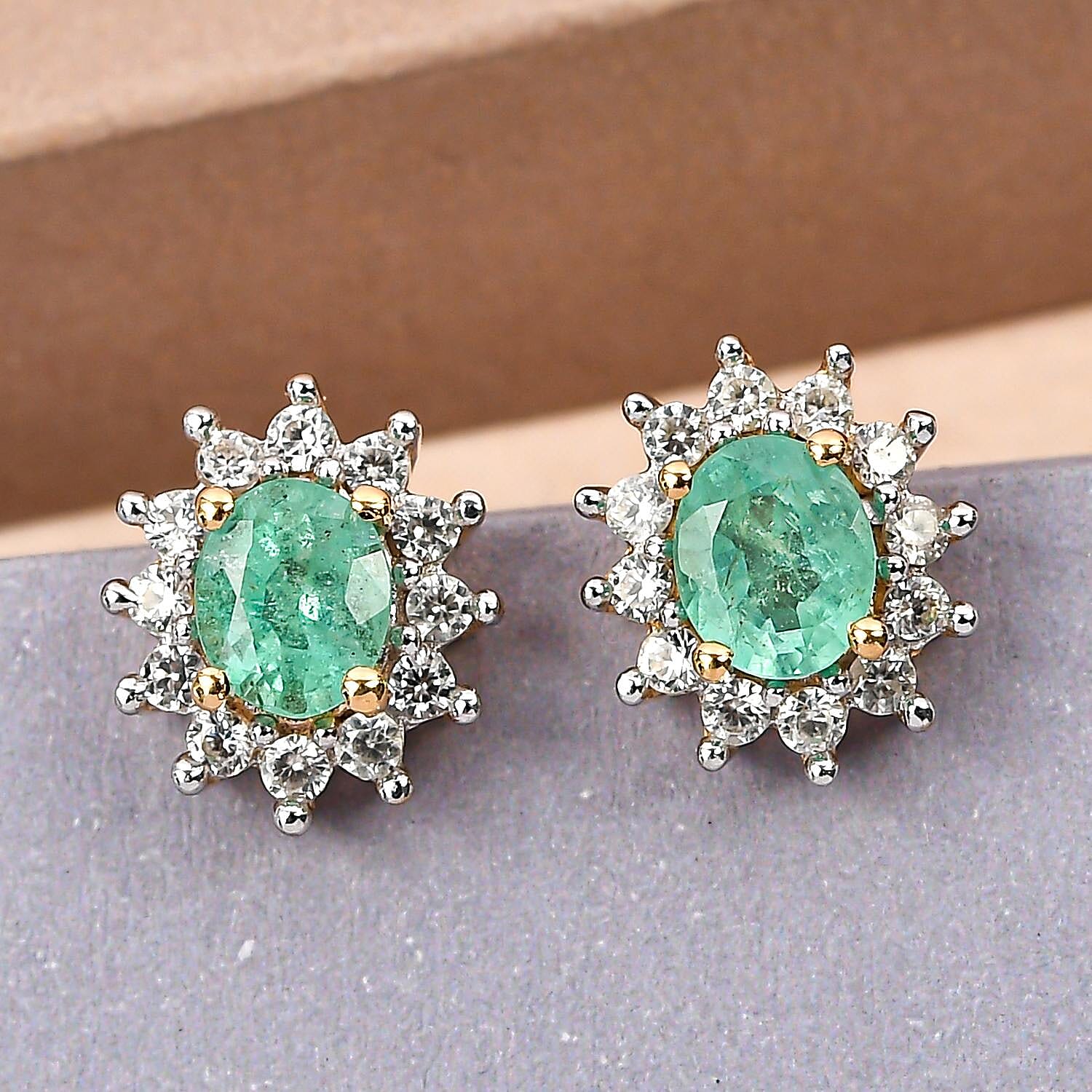 Ethiopian Emerald and Natural Cambodian Zircon Stud Earrings with Push Back in Vermeil Yellow Gold Overlay Sterling Silver 1.07 Ct.